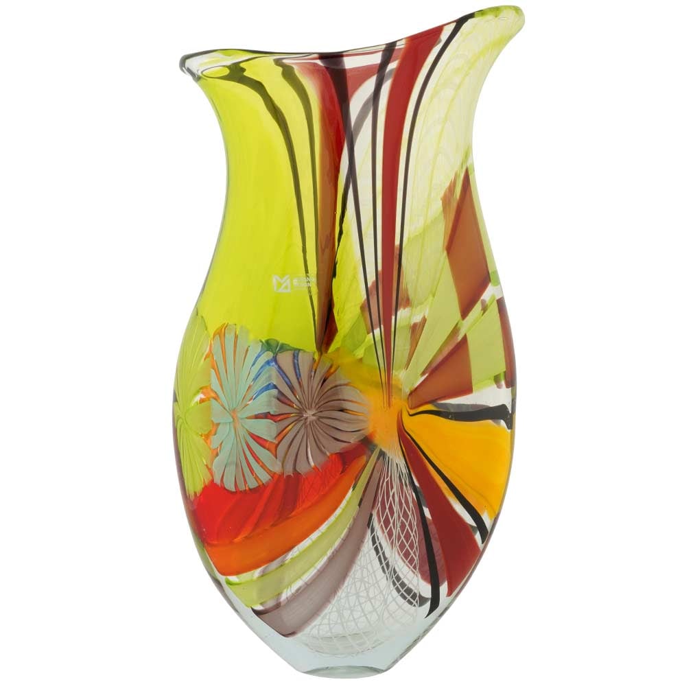 Battuto Murano Glass Vase - Morning Sun: Like a colorful magical quilt, this Murano Glass vase is a real piece of art, a creation of glass masters whose skills and fantasy are truly boundless. Unique and bright, this Murano vase combines ing