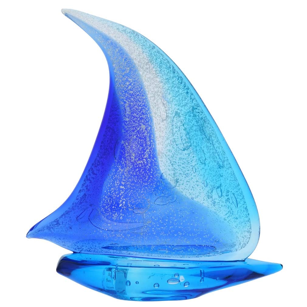 Murano Glass Large Sailboat - Silver Blue and Aqua: Hear the siren call of the faraway seas when you look at this beautifully handcrafted Murano Glass sailboat with its fluttering headsail in tender aqua and rich blue colors. This exquisite Venetian bo