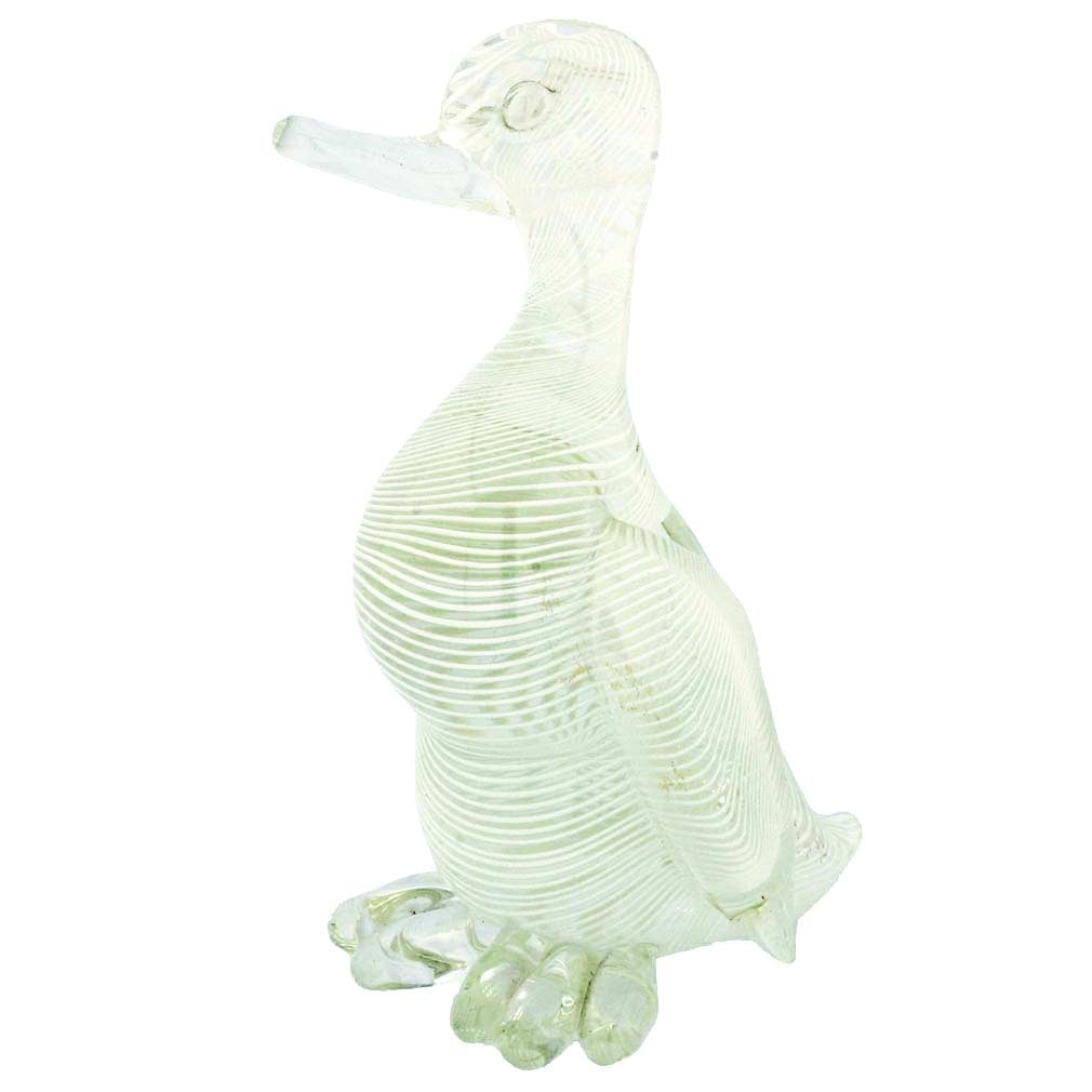 Vintage Murano Glass Filigrana Duck: This vintage Murano Glass Duck sculpture is a fine example of mid-century Murano art glass. The elegant duck bird features an exceptional translucency, graceful form, and a unique design with fine lin