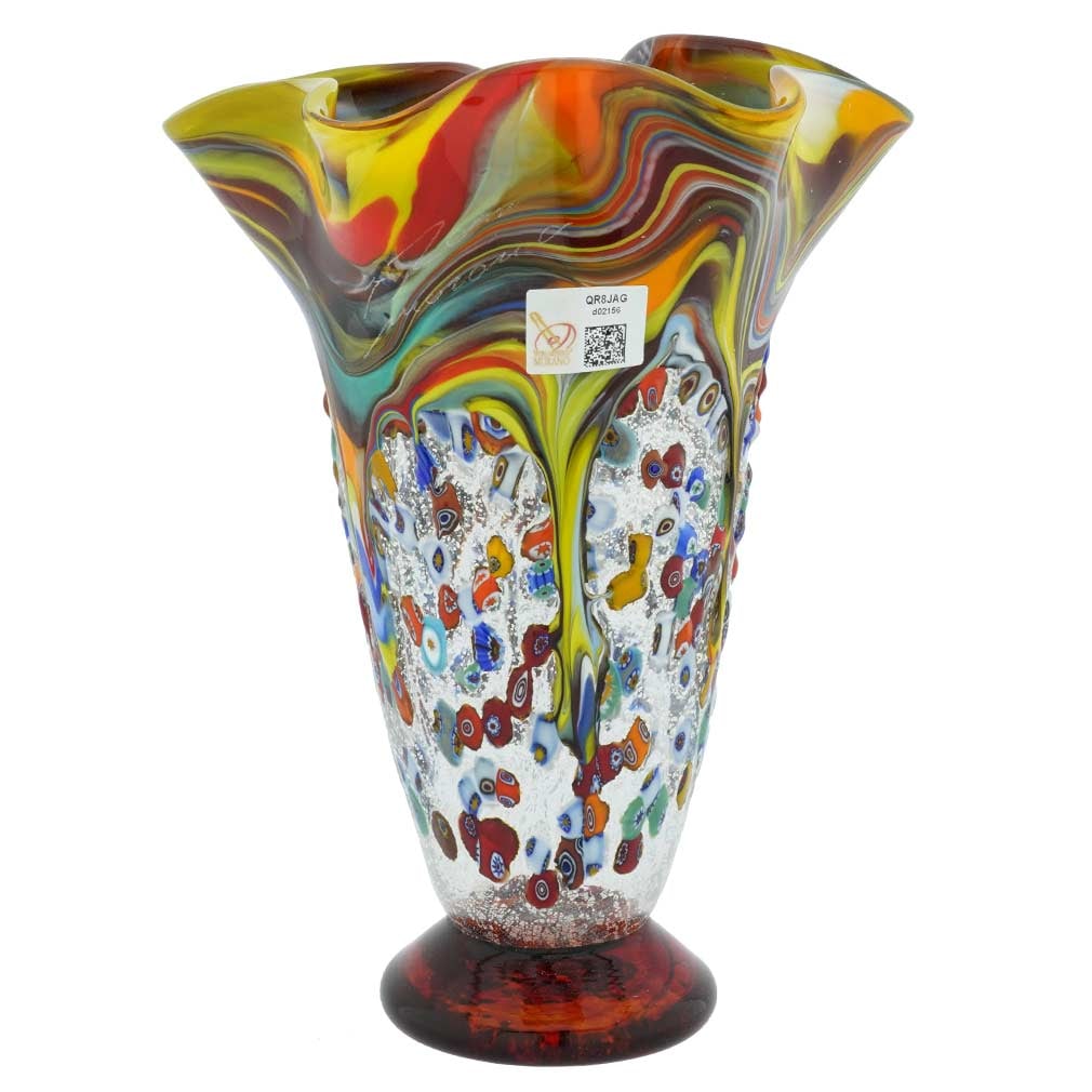 Murano Glass Millefiori Fazzoletto Vase - Multicolor: This magnificent blown Murano Glass vase features elegant design, deep colors, and exquisite detail - the key characteristics of the work of famed Murano Glass masters. Like a splash of precious stone