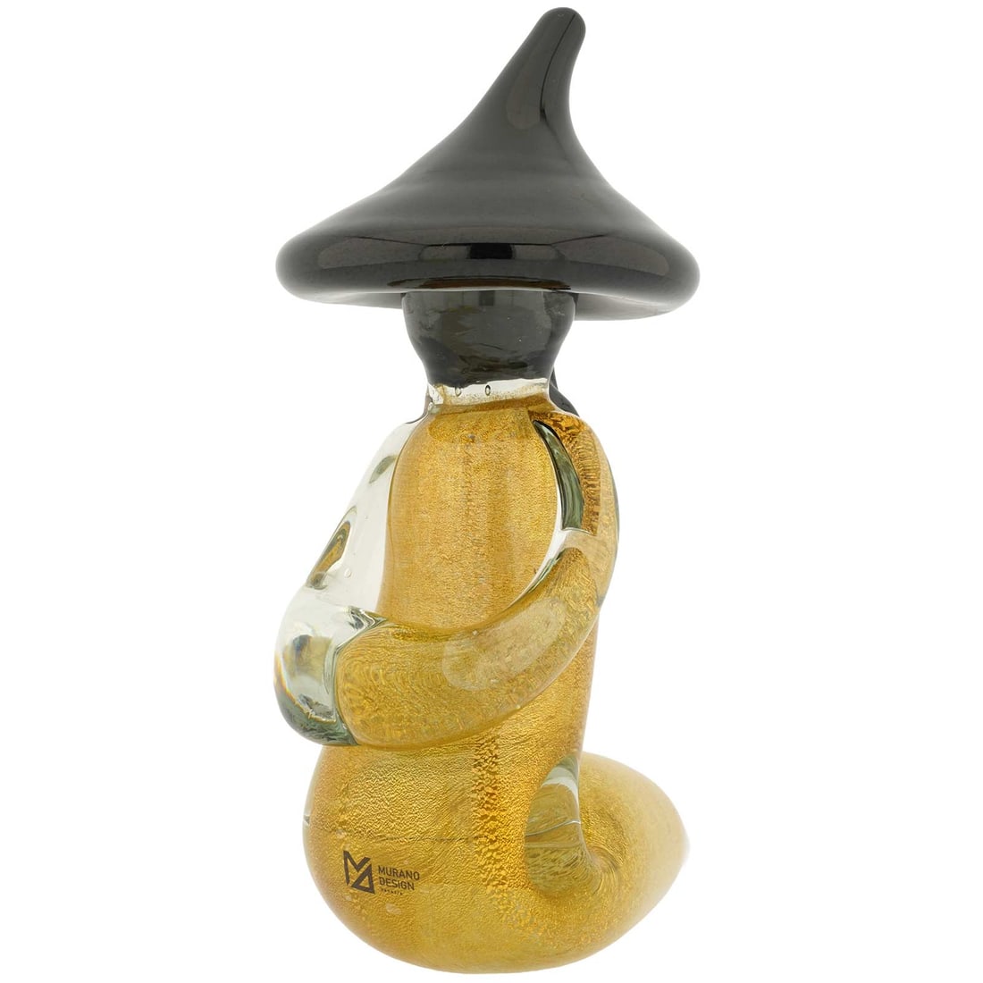Murano Glass Chinese Asian Man Sculpture Gold and Black: This Murano Glass Oriental Chinese Man in gold-lined garments and a traditional black hat is a Venetian art glass masterpiece crafted in the manner of Formia Vetri di Murano glass company, which creat