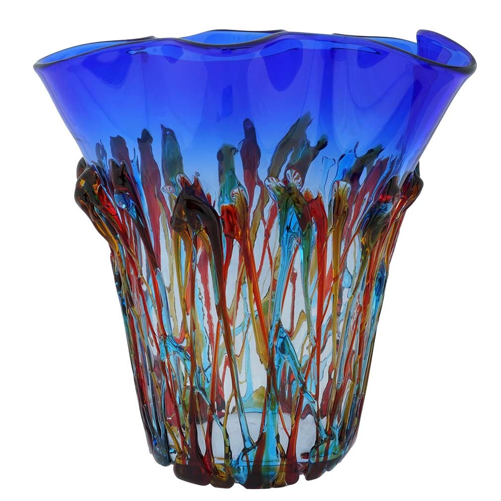 Murano Glass Oceanos Abstract Art Vase - Blue Red: In the best tradition of authentic Murano Glass, this vase fuses artistry and craftsmanship in ways that only talented Venetian artists have mastered. Using just a few simple tools and basic furnaces,