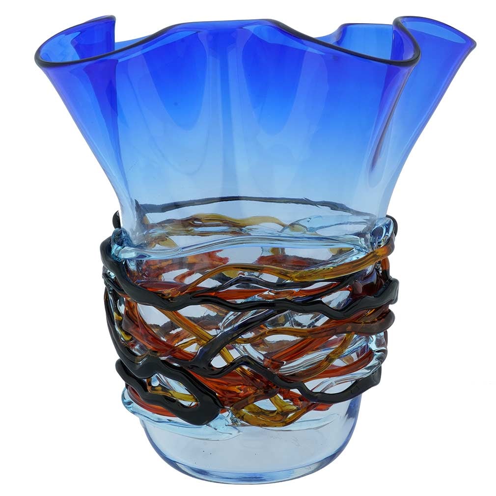 Murano Glass Vesuvio Fazzoletto Vase - Blue: In the best tradition of authentic Murano Glass, this vase fuses artistry and craftsmanship in ways that only talented Venetian artists have mastered. Using just a few simple tools and basic furnaces,