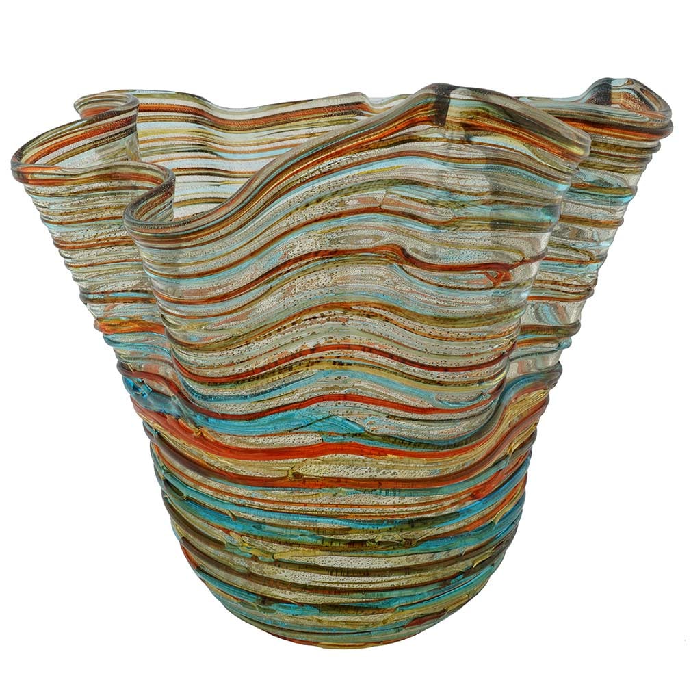 Murano Glass Vesuvio Threaded Wavy Vase: Murano Glass masters are famous around the world for their virtuosity in turning glass into amazing art. Using just a few simple tools and basic furnaces in the tradition that goes centuries back, Mur