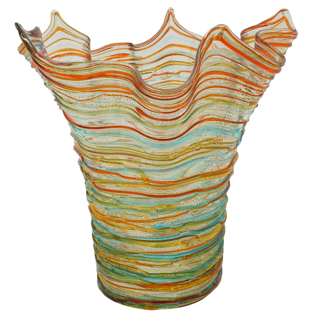 Murano Glass Vesuvio Threaded Fazzoletto Vase: Murano Glass masters are famous around the world for their virtuosity in turning glass into amazing art. Using just a few simple tools and basic furnaces in the tradition that goes centuries back, Mur