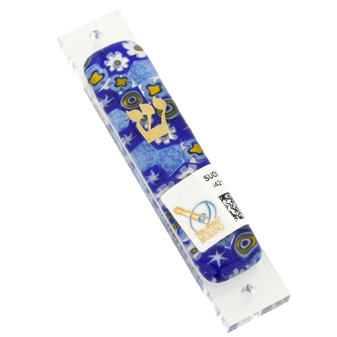 Murano Glass Mezuzah - Blue Millefiori: This beautiful and unique Murano Glass Mezuzah created by local Murano glass artisans is a wonderful case to house a Mezuzah scroll, which designates the home as Jewish and continues the ancient Jewis