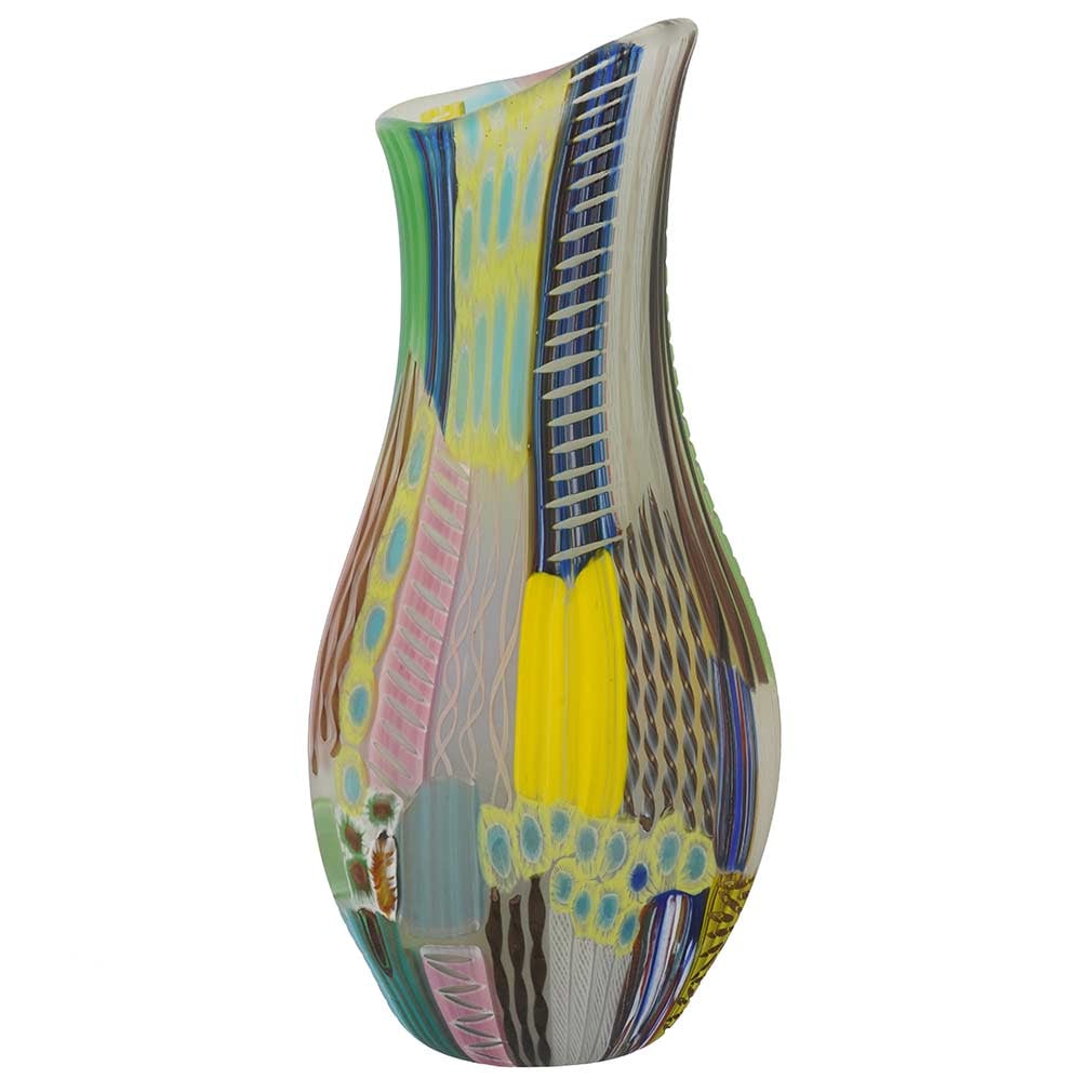 Tessuto Murano Glass Millefiori Vase - Large: Like a colorful otherworldly quilt, this Murano Glass vase is unique and bright, a piece that combines ingenuity and technical virtuosity of Murano Glass artisans, coming from centuries of artistic tr