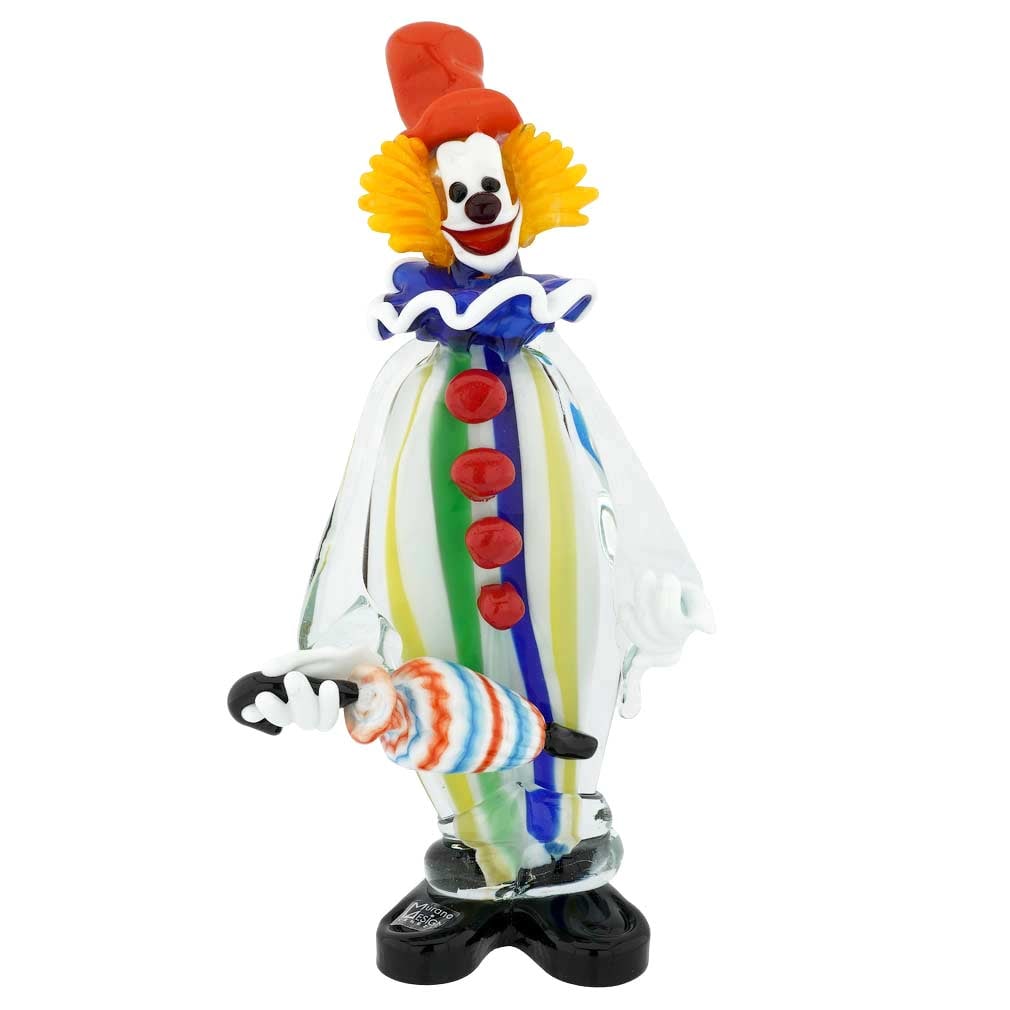 Large Murano Glass Clown with Umbrella: This Murano Glass clown is ready to entertain with an umbrella in his hand, a wide smile, a bright top hat, and a cute ruff collar. This elegant clown sculpture is created in the famous workshop on Mu