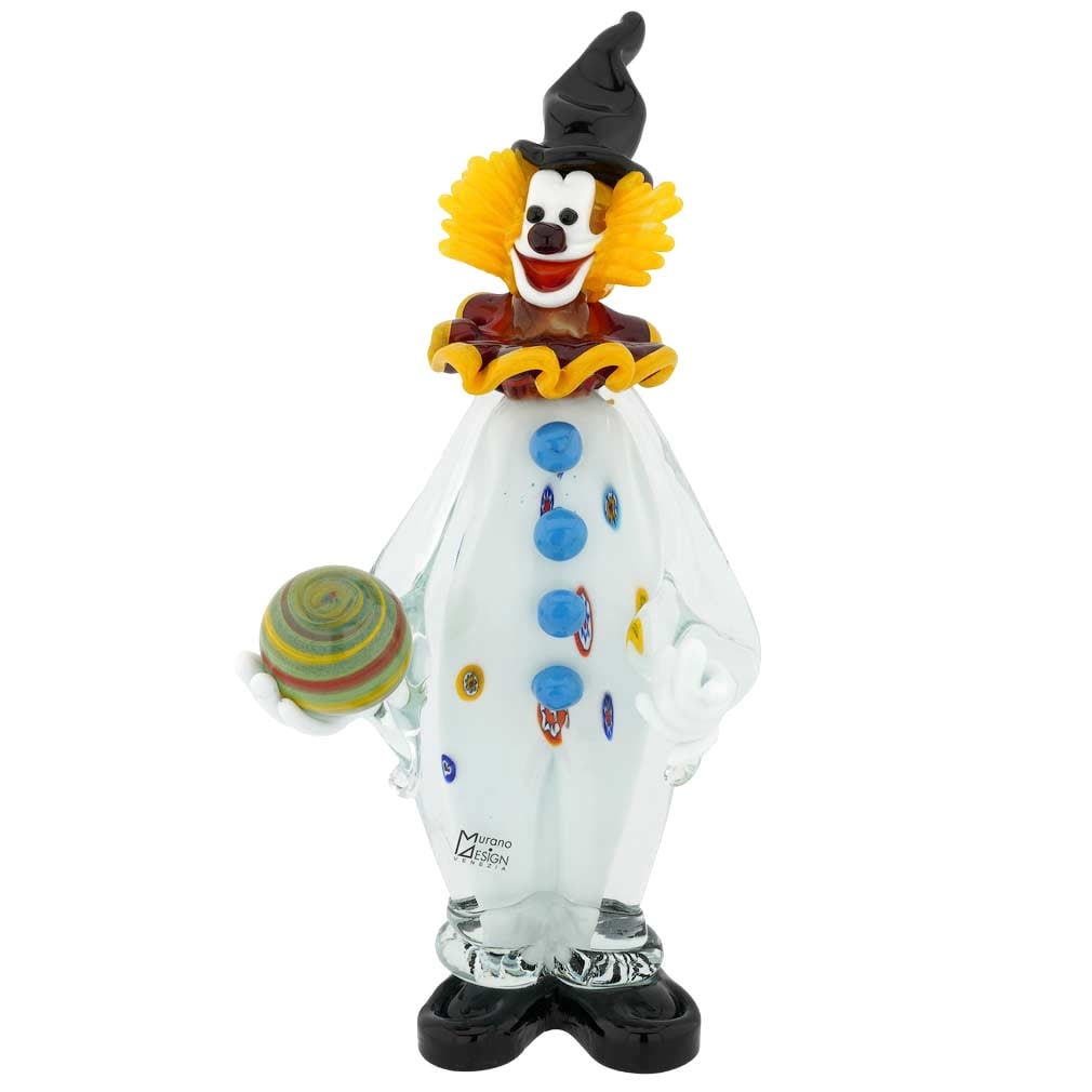 Large Murano Glass Clown with Ball: This Murano Glass clown is ready to entertain with a ball in his hand, a broad smile, a bright top hat, and a cute ruff collar. This elegant clown sculpture was created in the famous workshop on Muran