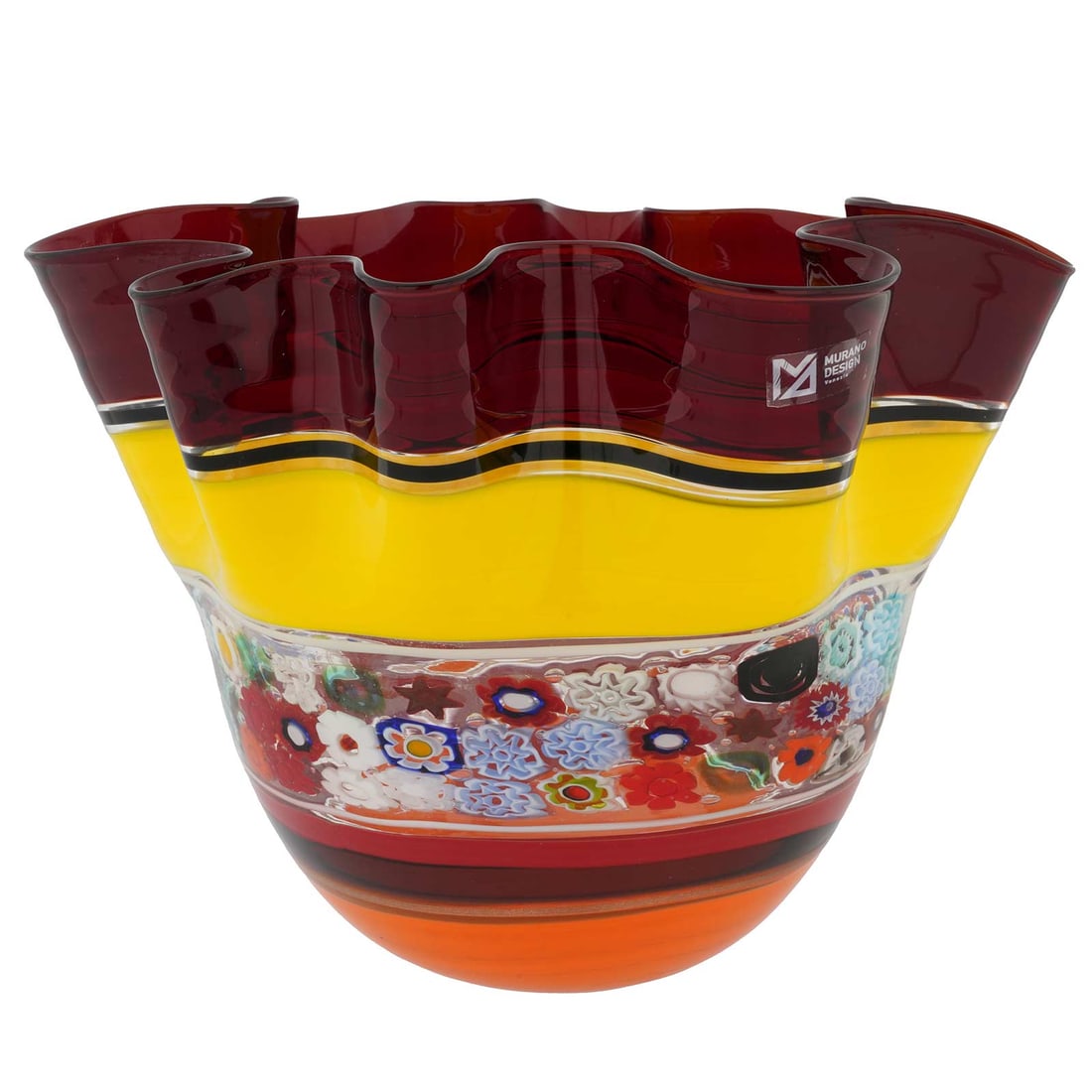 Murano Glass Primavera Millefiori Fazzoletto Bowl - Red: Get ready to be blown away by the beauty and richness of this Murano Glass Bowl. Showcasing all the features that brought Murano Glass masters their enduring fame, this bowl is like the quintessence o