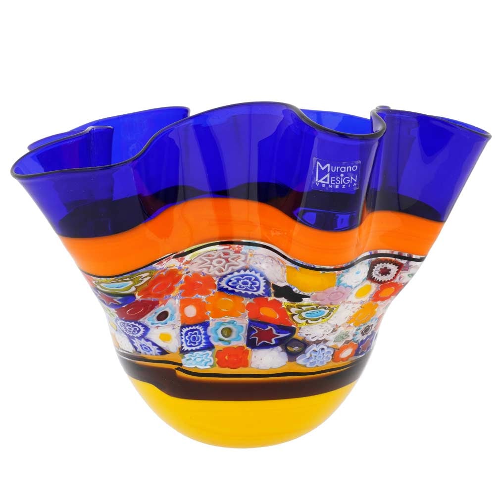 Murano Glass Primavera Millefiori Fazzoletto Bowl - Blue: Get ready to be blown away by the beauty and richness of this Murano Glass Bowl. Showcasing all the features that brought Murano Glass masters their enduring fame, this bowl is like the quintessence o