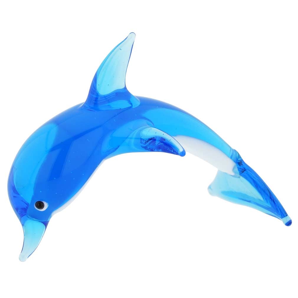 Murano Glass Dolphin - Blue: This playful Murano Glass Dolphin is ready to jump into the waves, conjuring up the images of exotic seas and beautiful faraway lands. Created in famed Sommerso glass-making technique invented on Mura