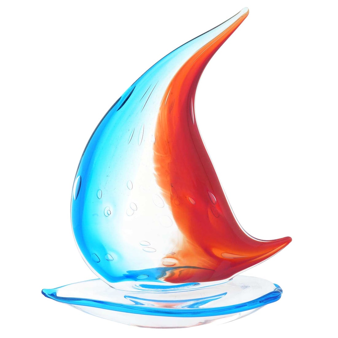 Vintage Murano Glass Large Sailboat - Blue and Red: Hear the siren call of the faraway seas when you look at this beautifully handcrafted Murano Glass sailboat with its fluttering headsail in tender blue and rich red colors. This exquisite Venetian boa