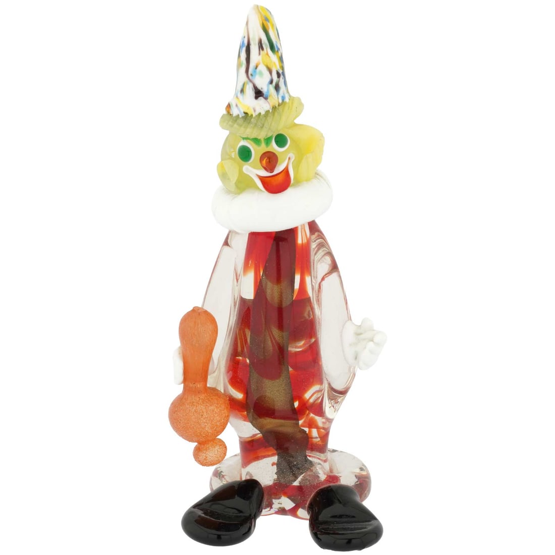Vintage Murano Glass Clown With Rattle: This Murano Glass clown is ready to entertain with a rattle in his hands, exaggerated features, and a whimsical hat. This elaborate clown sculpture is a vintage mid-century Italian art glass heirloom 
