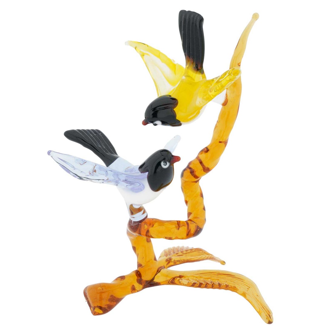 Murano Glass Birds on Golden Brown Branch - Blue and Yellow: This gorgeous Murano glass sculpture channels Venetian romance and exquisite beauty, symbolized by the two birds leaning close to each other on a tree branch. Fabulous colors, the translucent beauty o