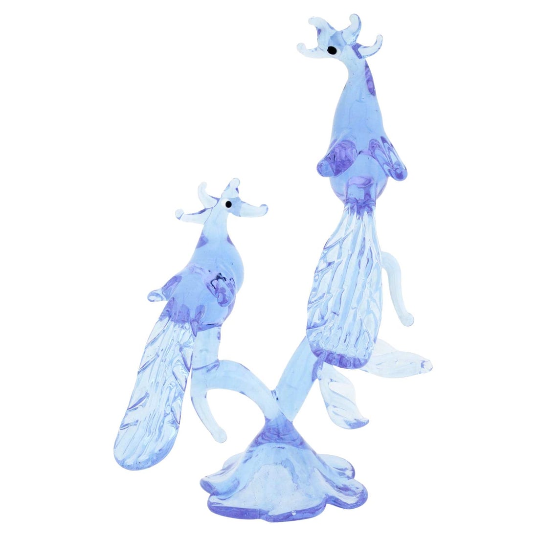 Murano Glass Peacocks On a Branch - Blue: This gorgeous Murano glass sculpture channels Venetian romance and exquisite beauty, symbolized by the two peacocks leaning close to each other on a tree branch. Fabulous colors, transparent nature of