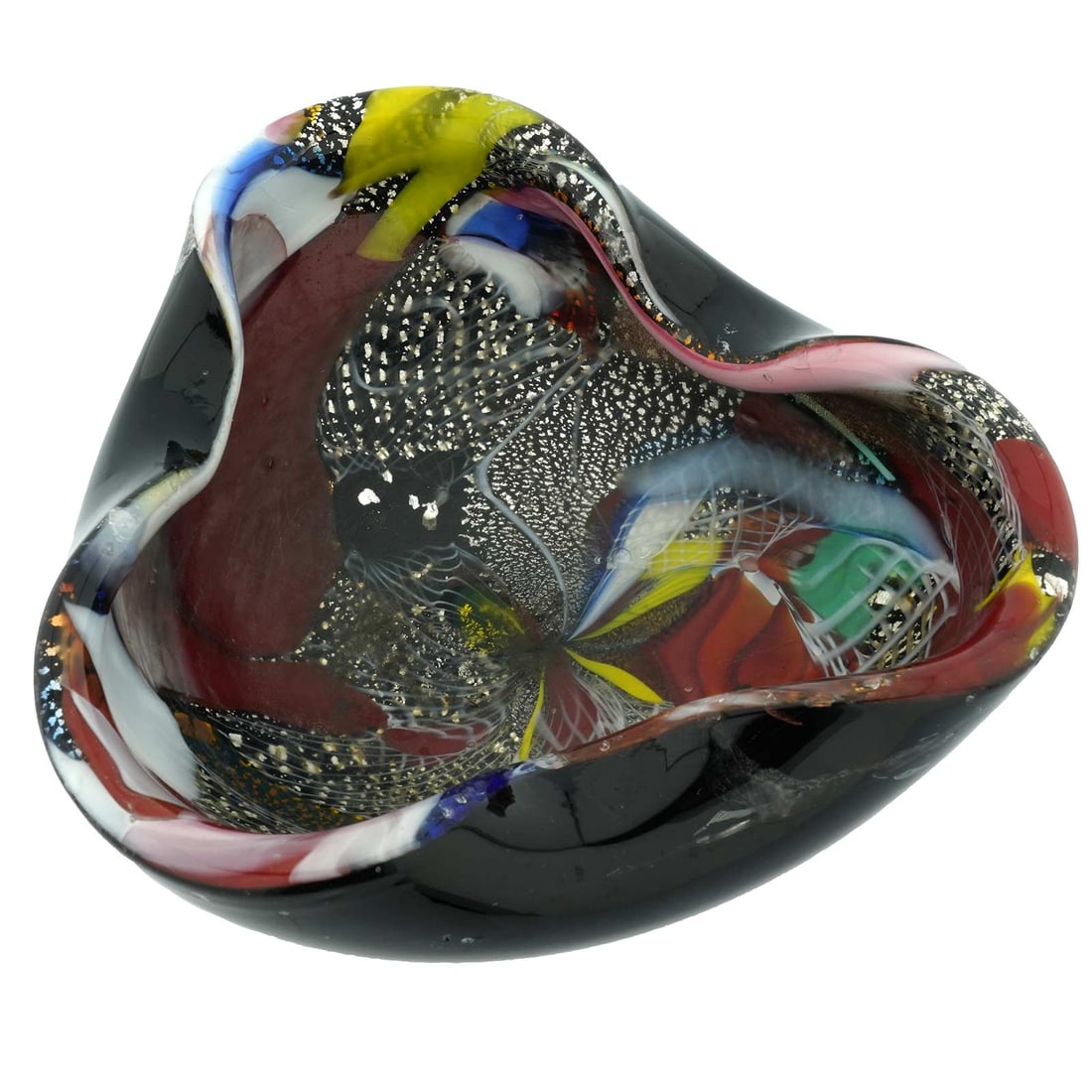 Vintage Murano Glass Folded Mid-Century Bowl - Black and Multicolor Confetti: The beauty of Venice meets the finesse of Murano Glass craftsmanship in this gorgeous centerpiece Bowl handcrafted by exceptionally talented glass artisans on Murano Island. Its artistic look is achie