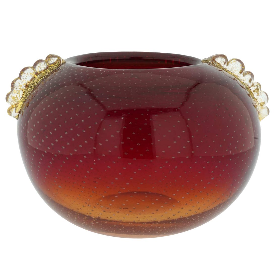 Vintage Murano Glass Bullicante Round Vase - Red: This beautiful and unique Murano Glass Vase is nothing short of a design statement, channeling several artistic movements. With its bold round shape, the shimmering ivory base, and striking pattern of