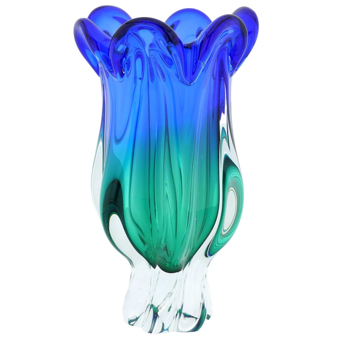 Vintage Murano Glass Sommerso Vase Blue and Green: This fabulous Murano Glass Vintage Vase presents classic Venetian glass-making technique called Sommerso in a catchy and elegant way. By expertly layering colored glass without mixing the colors, Mura