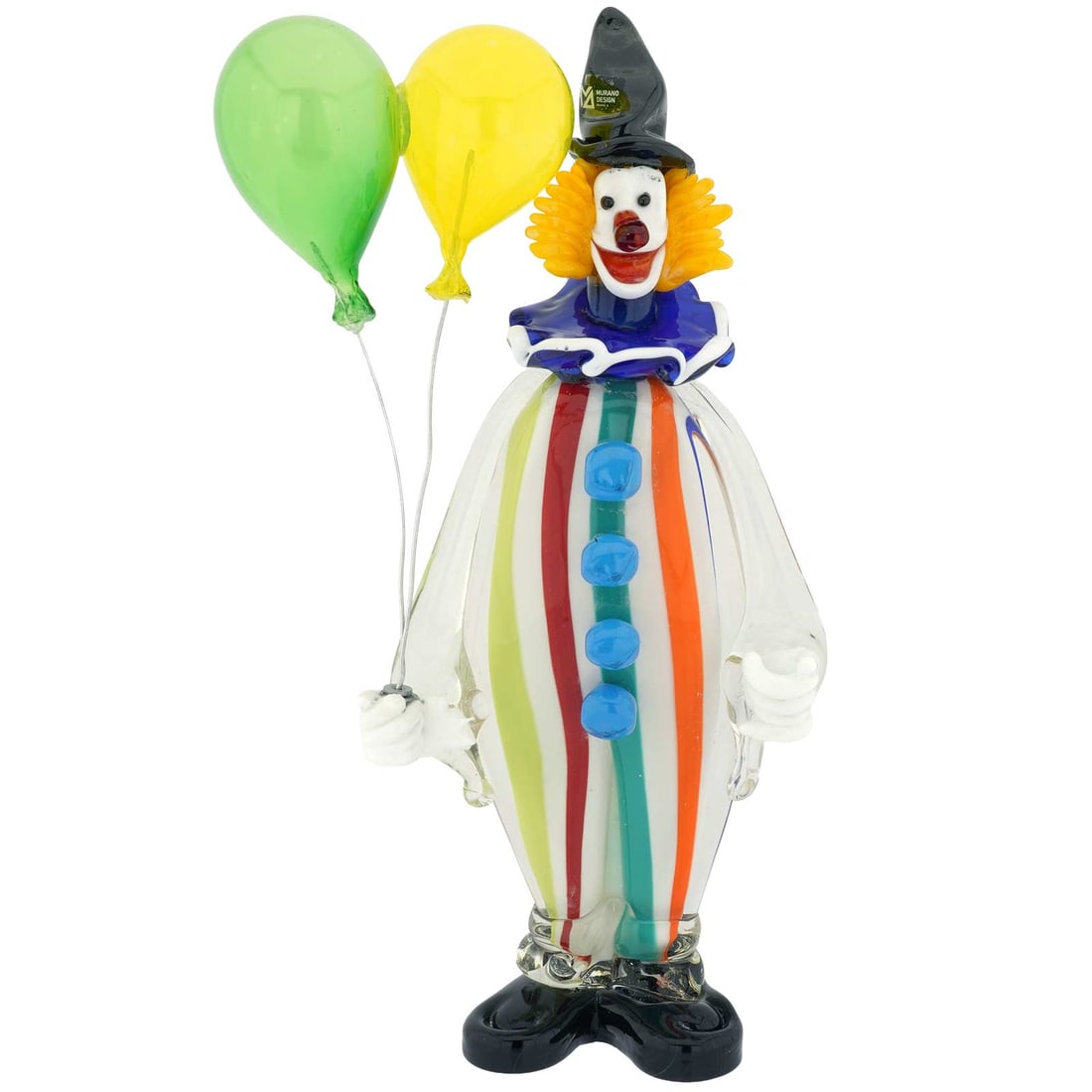 Large Murano Glass Clown with Balloons: This Murano Glass clown is ready to entertain with balloons in his hand, a broad smile, a bright top hat, and a cute ruff collar. This elegant clown sculpture was created in the famous workshop on Mur