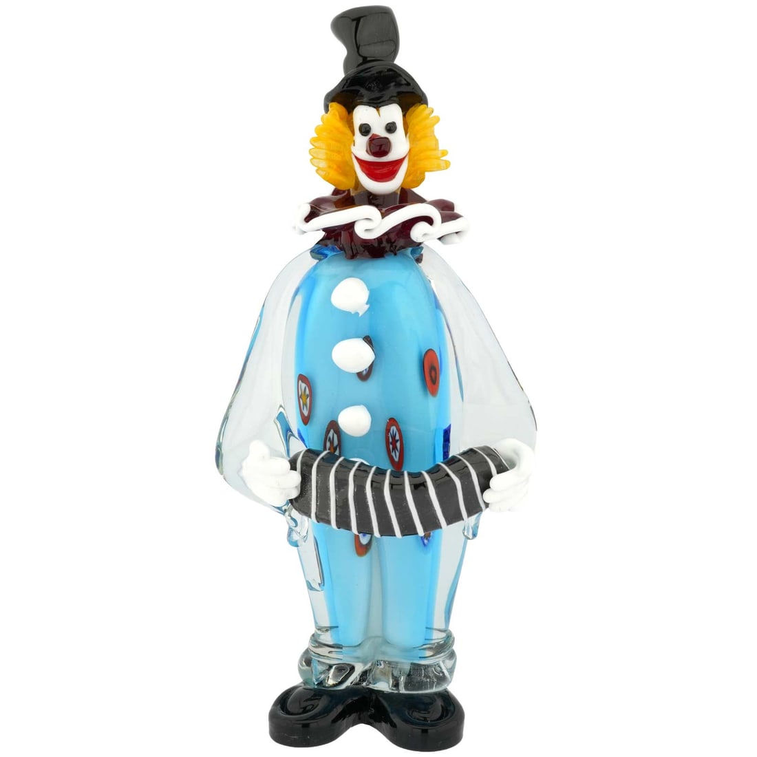 Large Murano Glass Clown With Accordion: This Murano Glass clown is ready to entertain with an accordion in his hands, a broad smile, a black top hat, and a cute ruff collar. This elegant clown sculpture was created in the famous workshop on