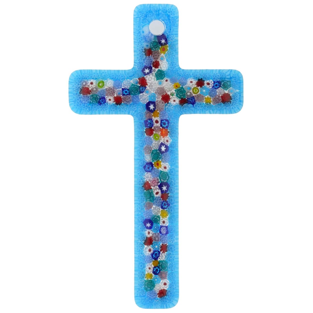 Murano Art Glass Millefiori Wall Crucifix - Aqua Blue: This Murano Glass Crucifix represents the combination of the ancient artistic tradition of Murano Glass and the prominence that Venetians have always given to the religious and spiritual aspects of th