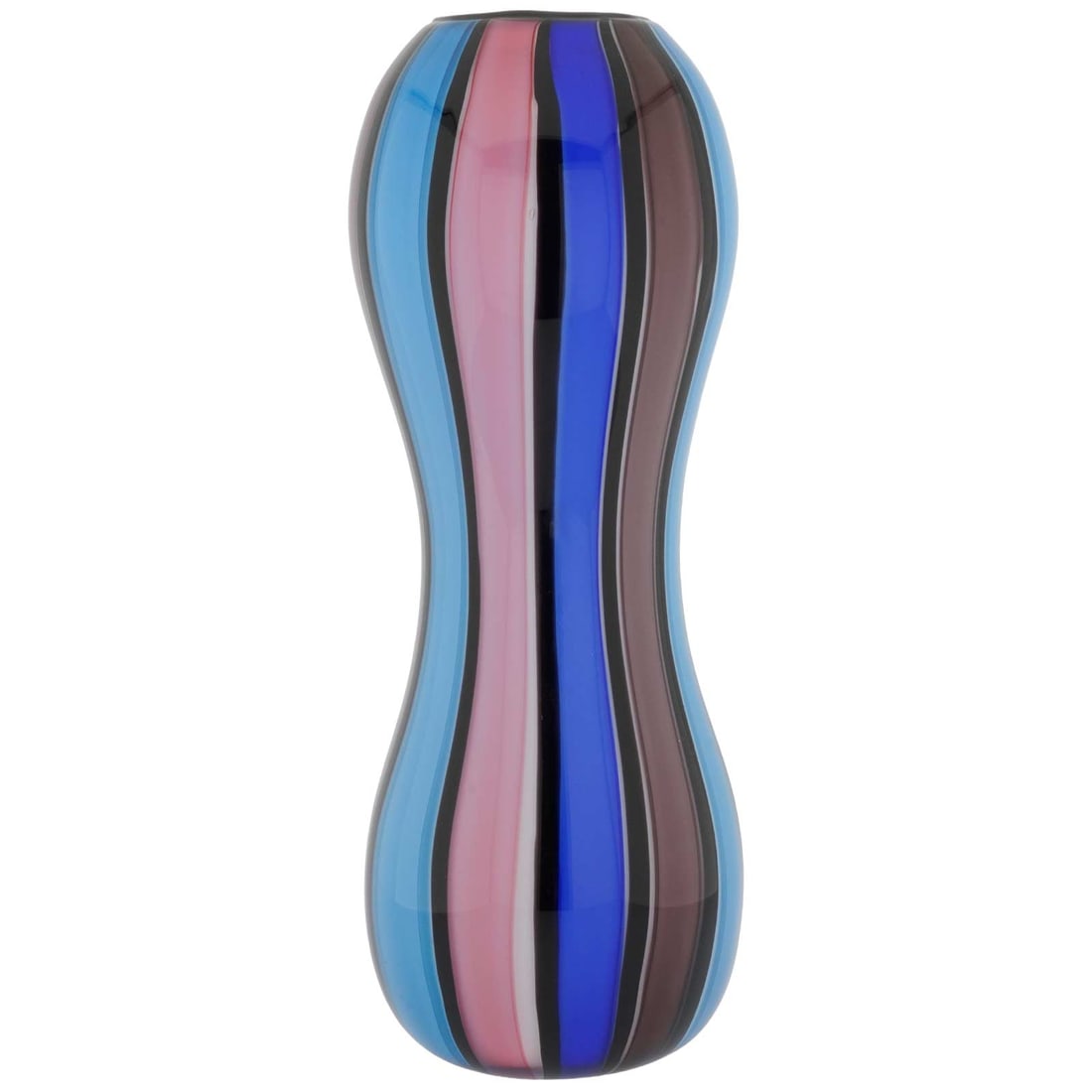 Vintage Murano Glass Filigrana Striped Bud Vase - Blue, Pink, and Purple: This gorgeous Vintage Murano Glass vase is an Italian art glass masterpiece handmade by talented artisans on the island of Murano in Venice in the 1990's. It showcases one of the most complex and valu
