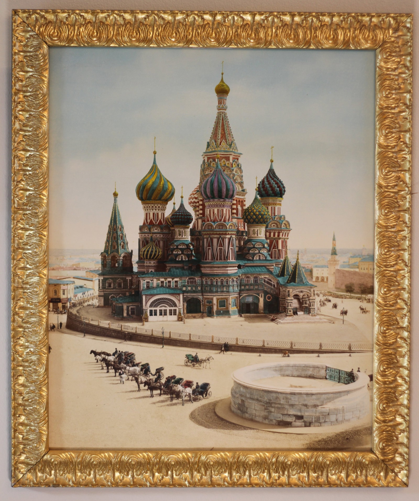 HAND COLORED PHOTO PRINT WITH VIEW OF MOSCOW ST. BASIL CATHEDRAL: Hand colored print on paper board, Moscow St. Basil Cathedral, 19th century, Provenance: A.C. Friendrichs Fine Arts Gallery, New York. 49 x 38.7 cm (19.25 x 15.25 in) All measurements approximate