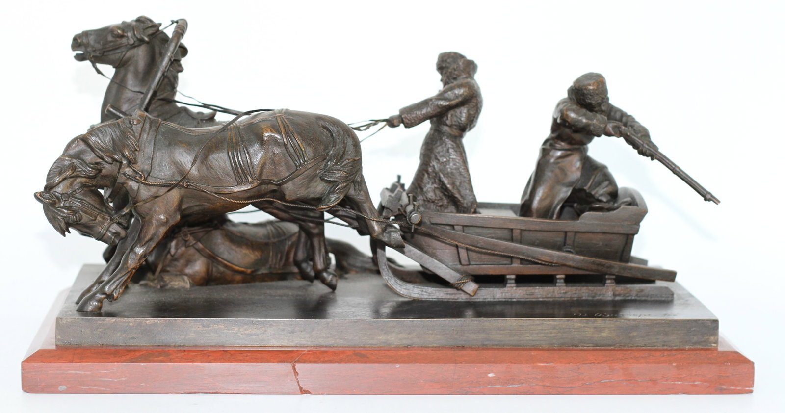 Albert Mortiz Wolff (German 1854-1923) Bronze Sculpture: "Fleeing from the Wolf" by Albert Mortiz Wolff (German 1854-1923), bronze with dark brown patina atop marble base. Dimensions (approximate): 17cm x 33.6 cm x 17.5 cm. Signed lower right, dedicated "ge