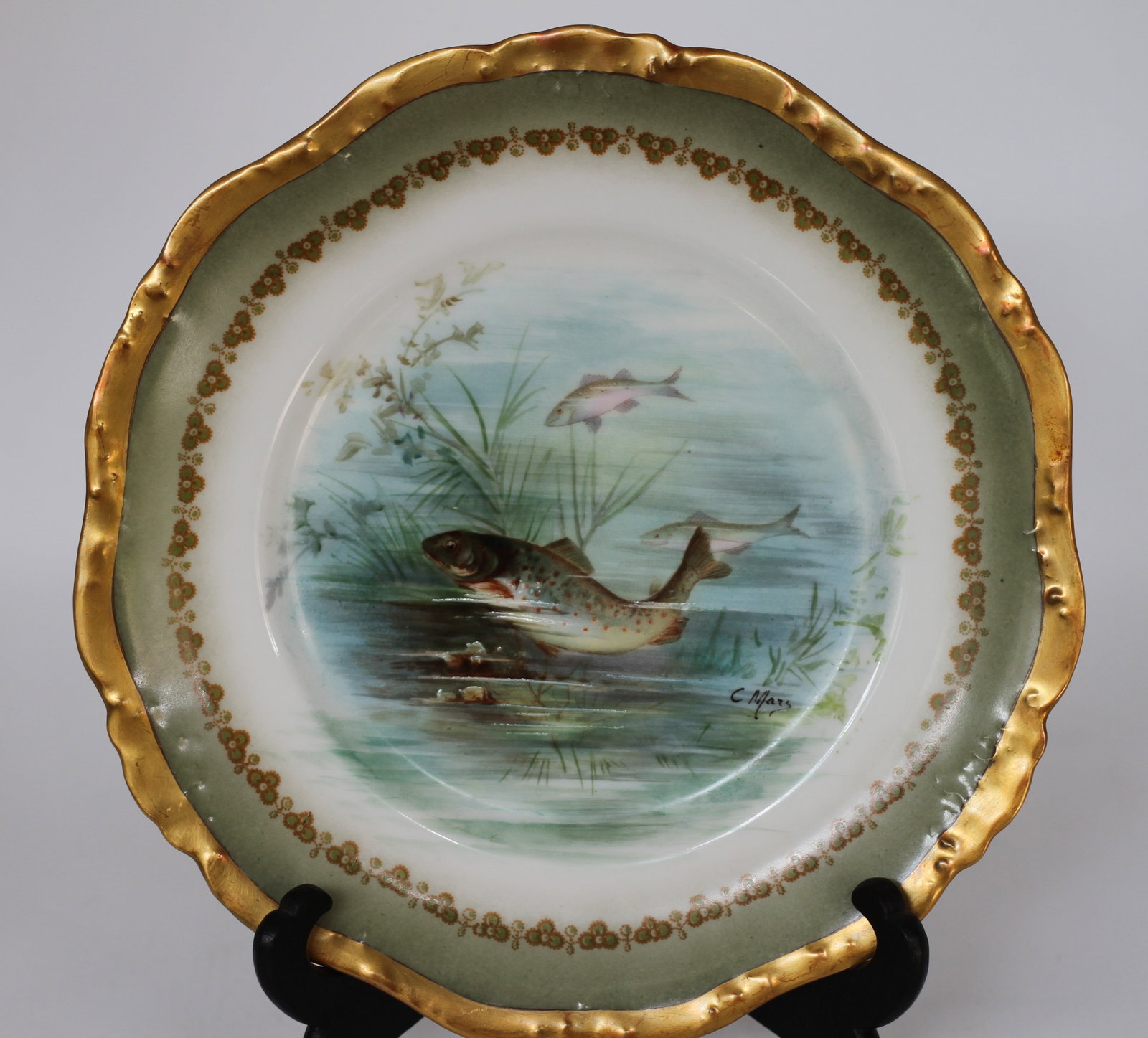 Pair of Antique Limoges Fish Plates, French, Gold Gilt Green Borde (1 of 6)