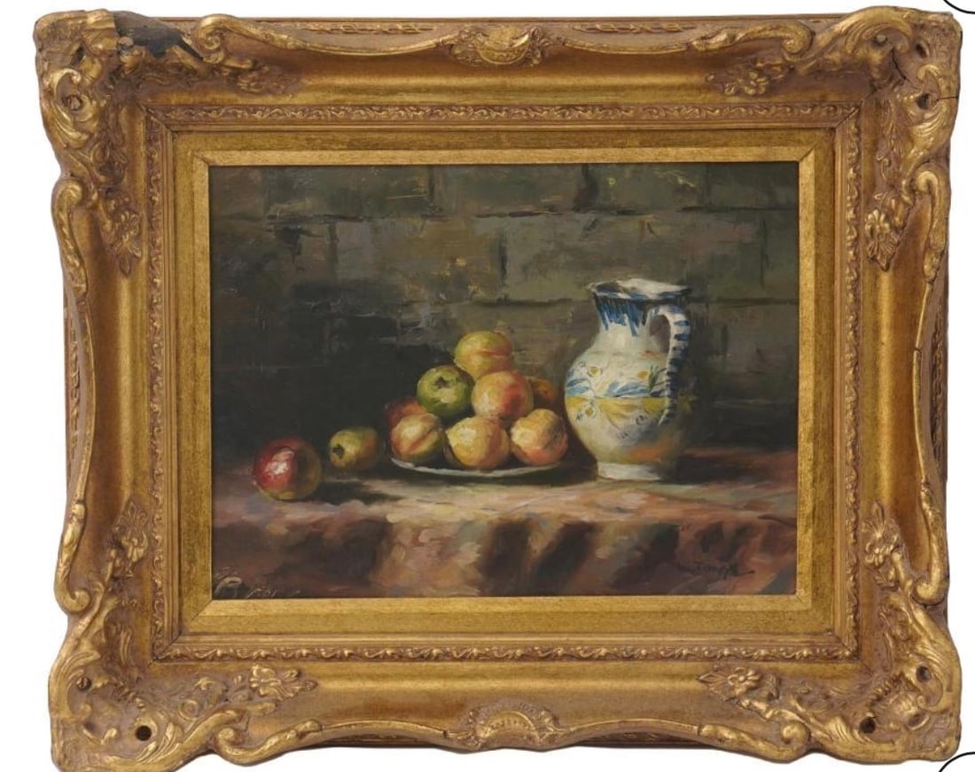 OIL PAINTING STILL LIFE WITH FRUIT SIGNED JOSEPH: Oil on canvas painting. A still life depicting a plate with apples and a painted ceramic jug. Signed Joseph in the lower right. Golden frame. Dimensions Frame19 x 23 in. Plate 12 x 16 in. All measurem