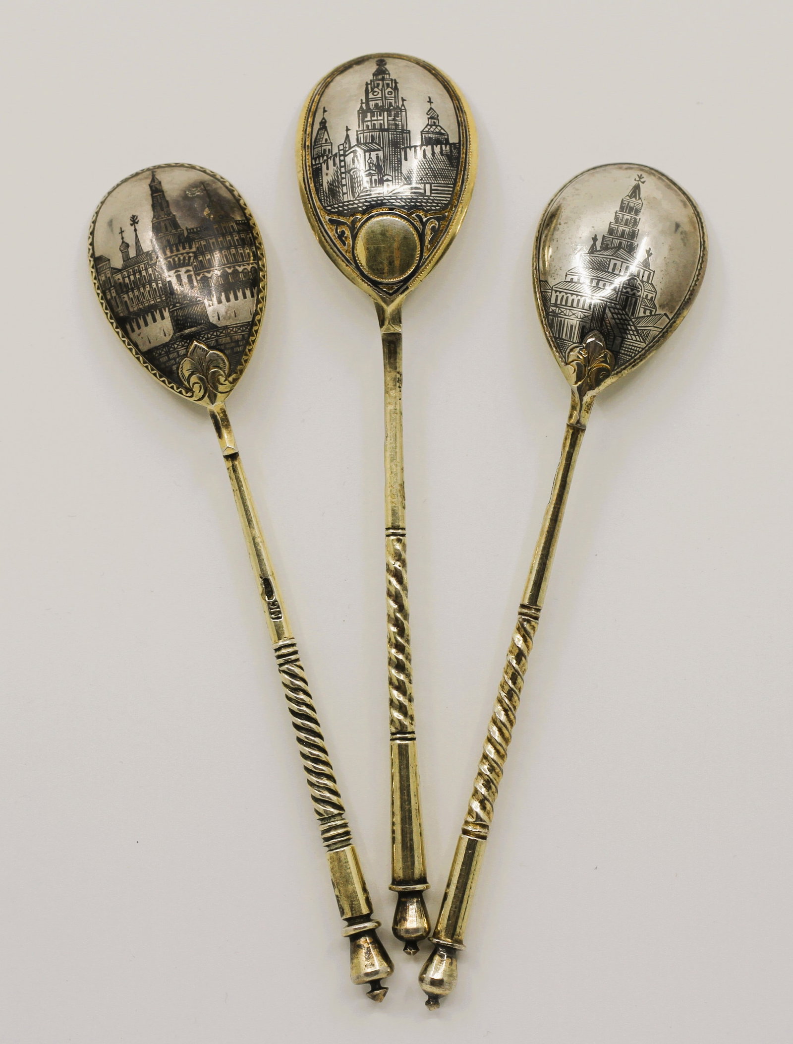 Set of three antique Russian silver-gilt and niello tea spoons (1 of 7)