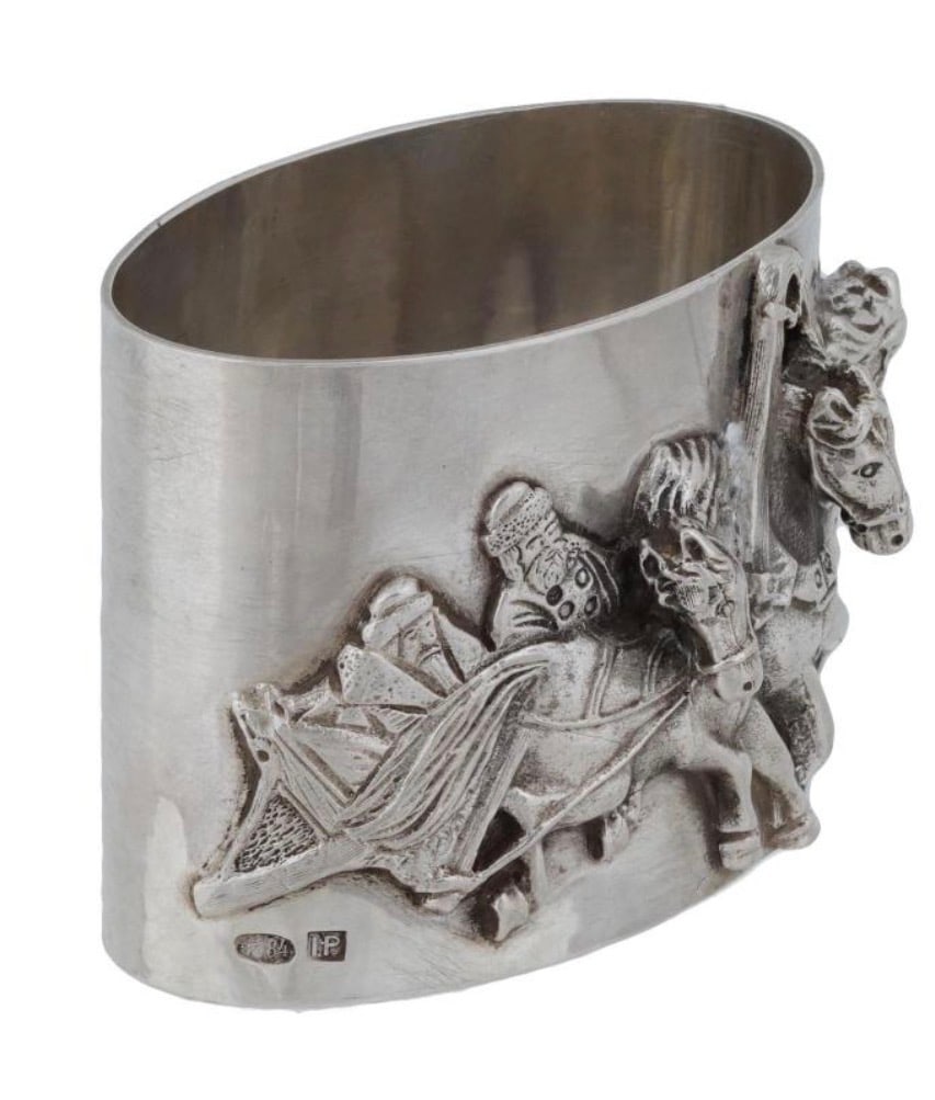 RUSSIAN SOLID SILVER NAPKIN RING WITH RELIEF TROIKA - 2