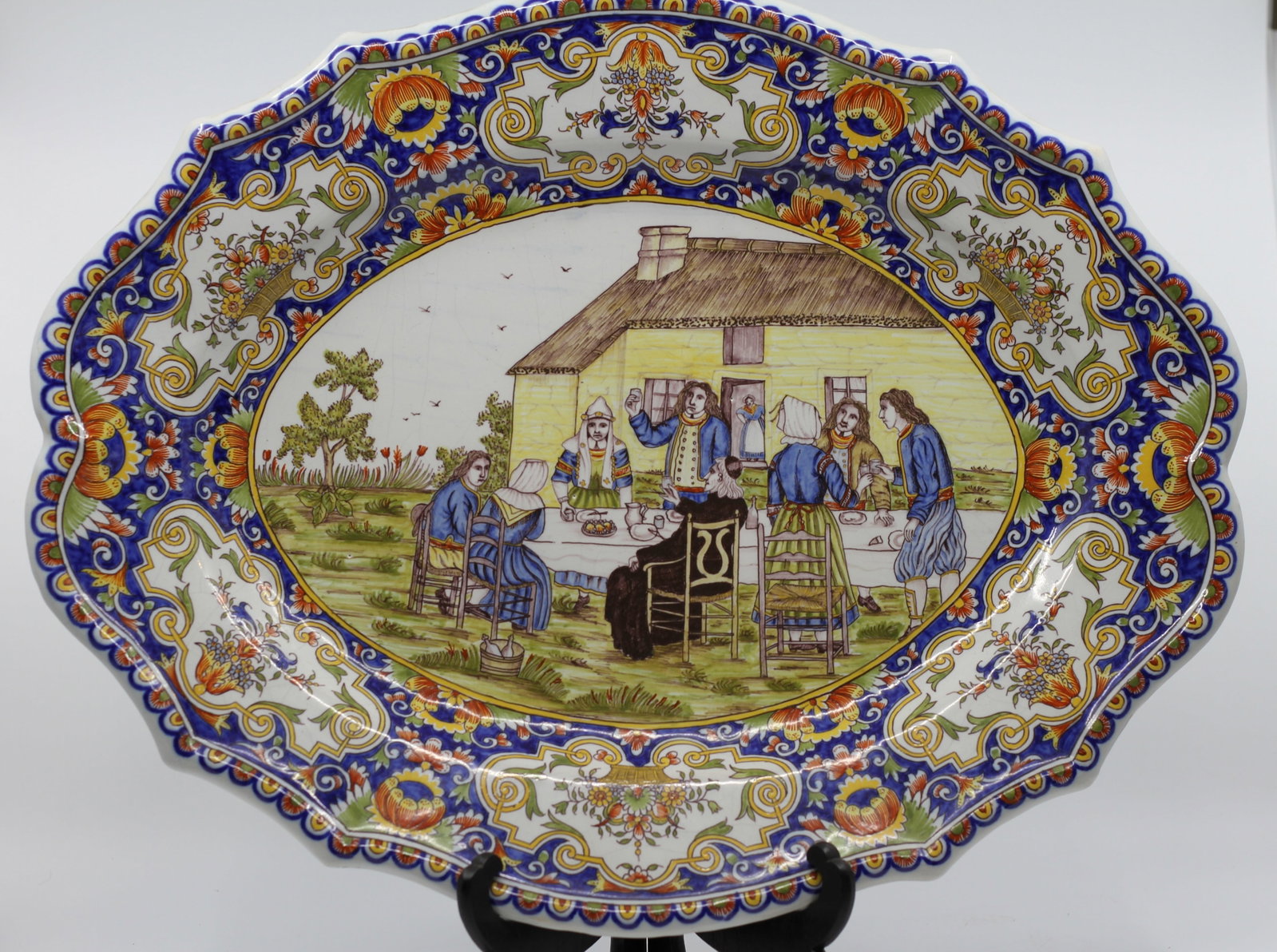 Large 19th Century French Hand-Painted Oval Faience Wall Platter, Outdoor Banquet (1 of 2)