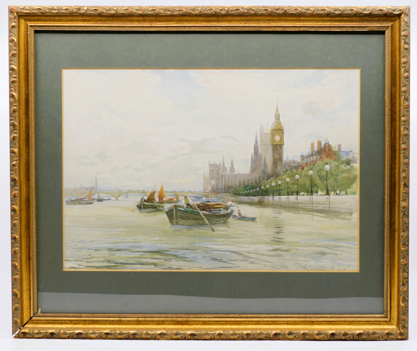 CHARLES JAMES LAUDER (BRITISH 1840-1920) WATERCOLOR ON PAPER, RIVER THAMES: Depicting boats on the river Thames. Signed lower right. Matted and framed under glass, H 15", W 18".