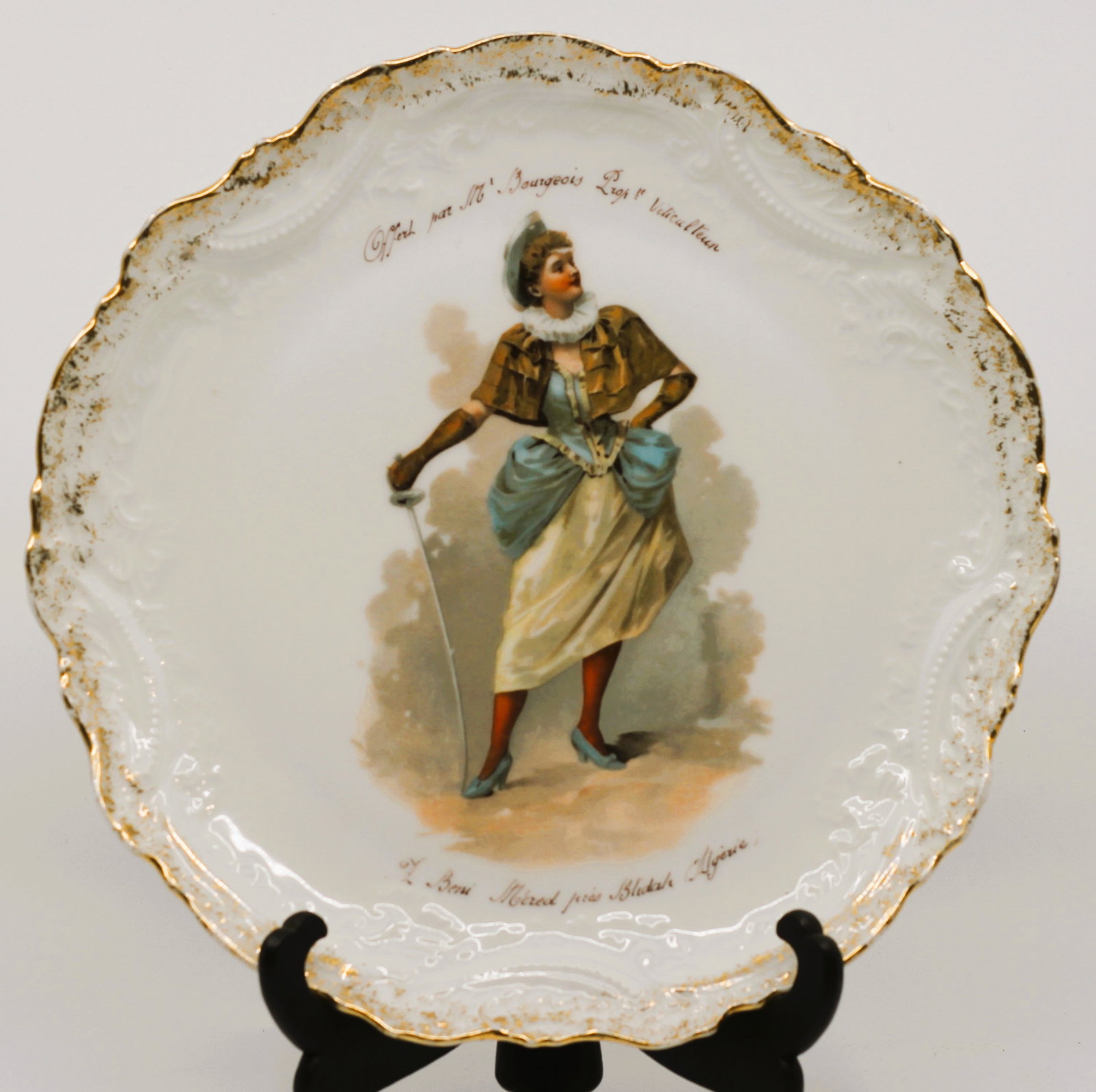 Antique French Porcelain Cabinet Plate, E. Bourgeois Charenton, Algerian Costume Figure, Gilt (1 of 4)