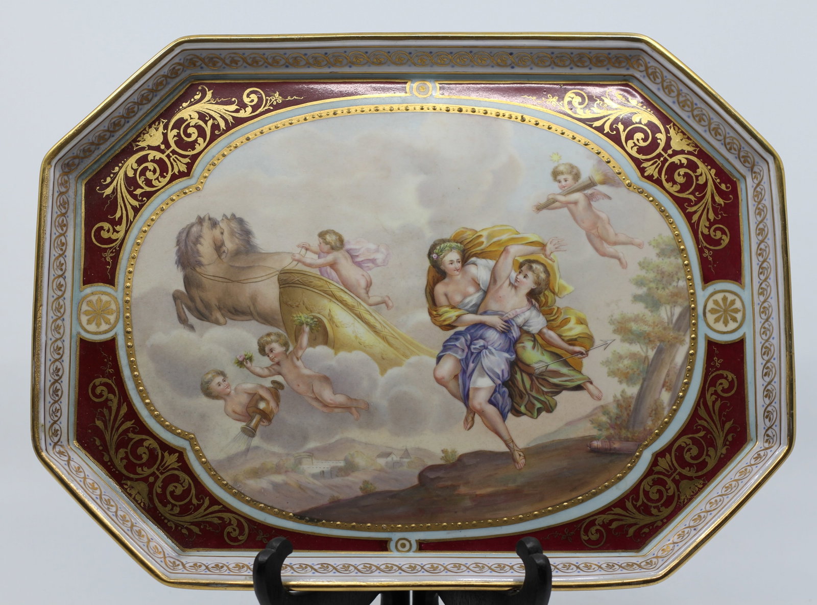 Hand-Painted KPM Berlin Porcelain Plaque Tray "Morgen" After Guido Reni: Exceptional antique KPM Berlin, 19 CENT. hand-painted porcelain tray featuring the allegorical scene "Morgen" (Morning) after Guido Reni, depicting Aurora in her celestial chariot drawn by horses thro