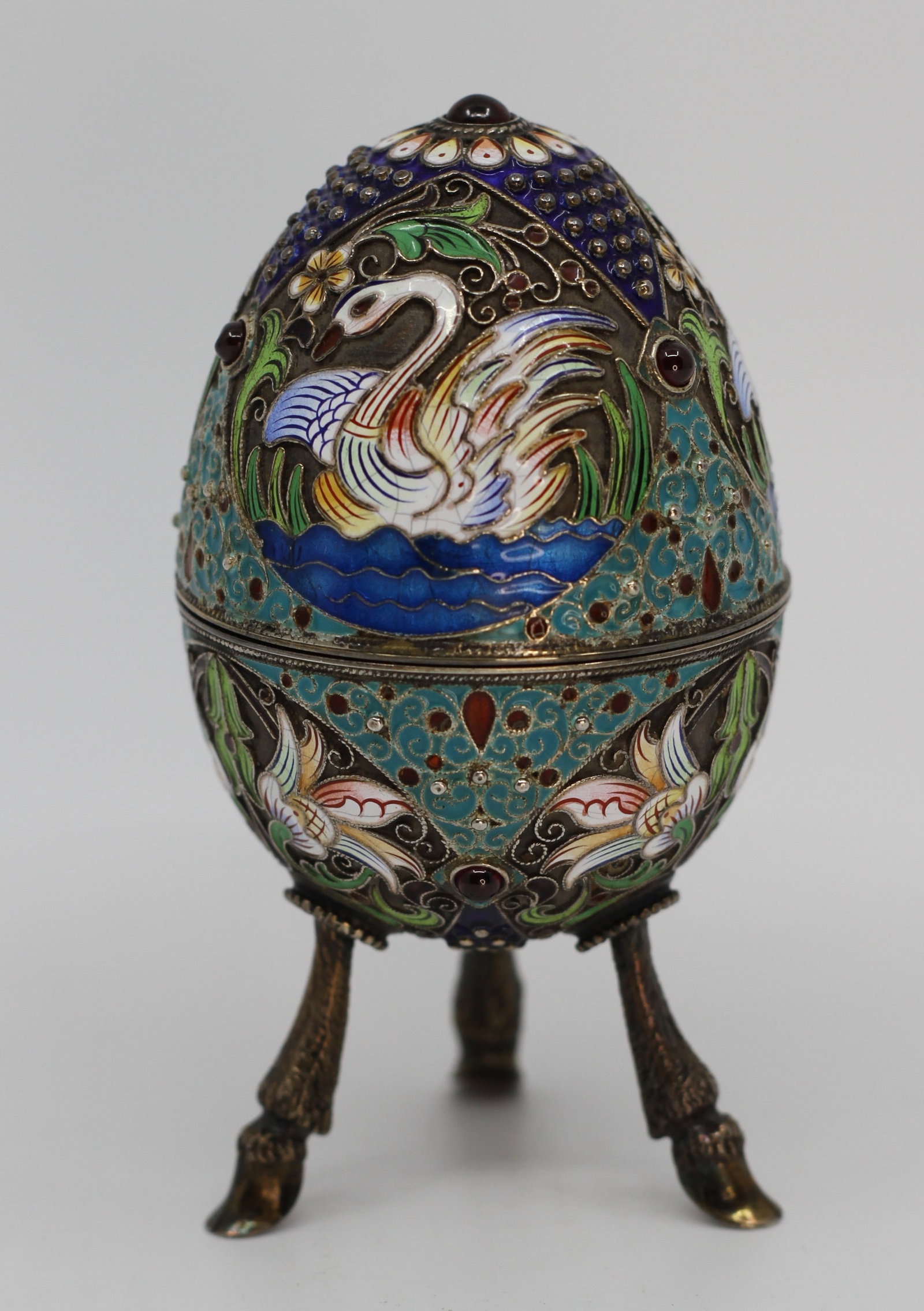 Russian 84 Silver Cloisonne Enamel Egg Form Box with Swans and Cabochons (1 of 8)
