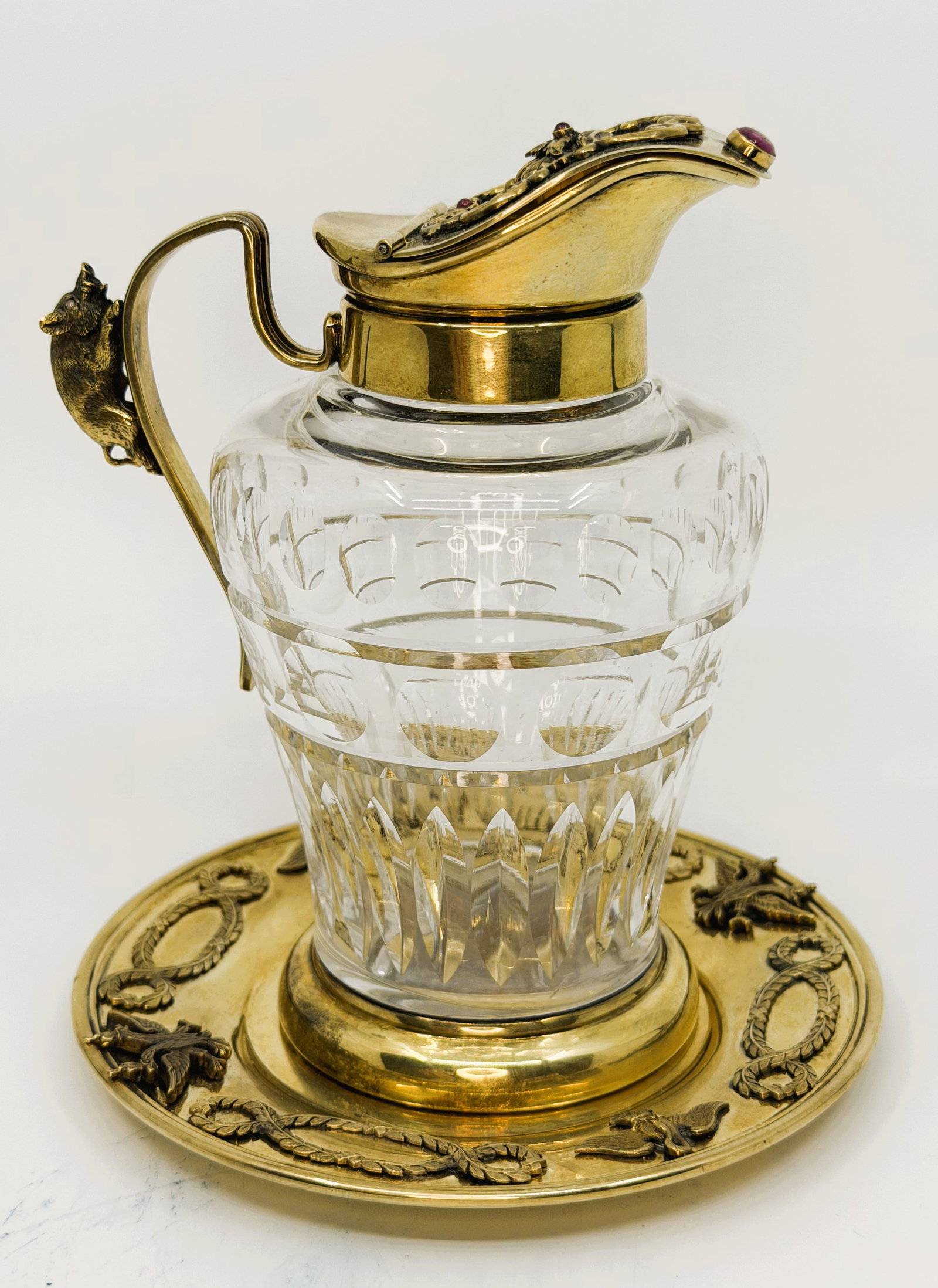 Russian Silver-Gilt and Cut Crystal Claret Jug with Mouse Handle and Underplate, Bearing 84 Marks (1 of 9)