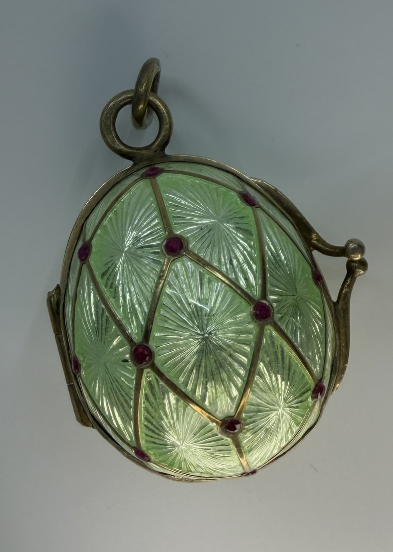 Imperial Russian 56 Gold Guilloche Enamel Egg-Form Locket Pendant with Ruby Cabochons (1 of 5)
