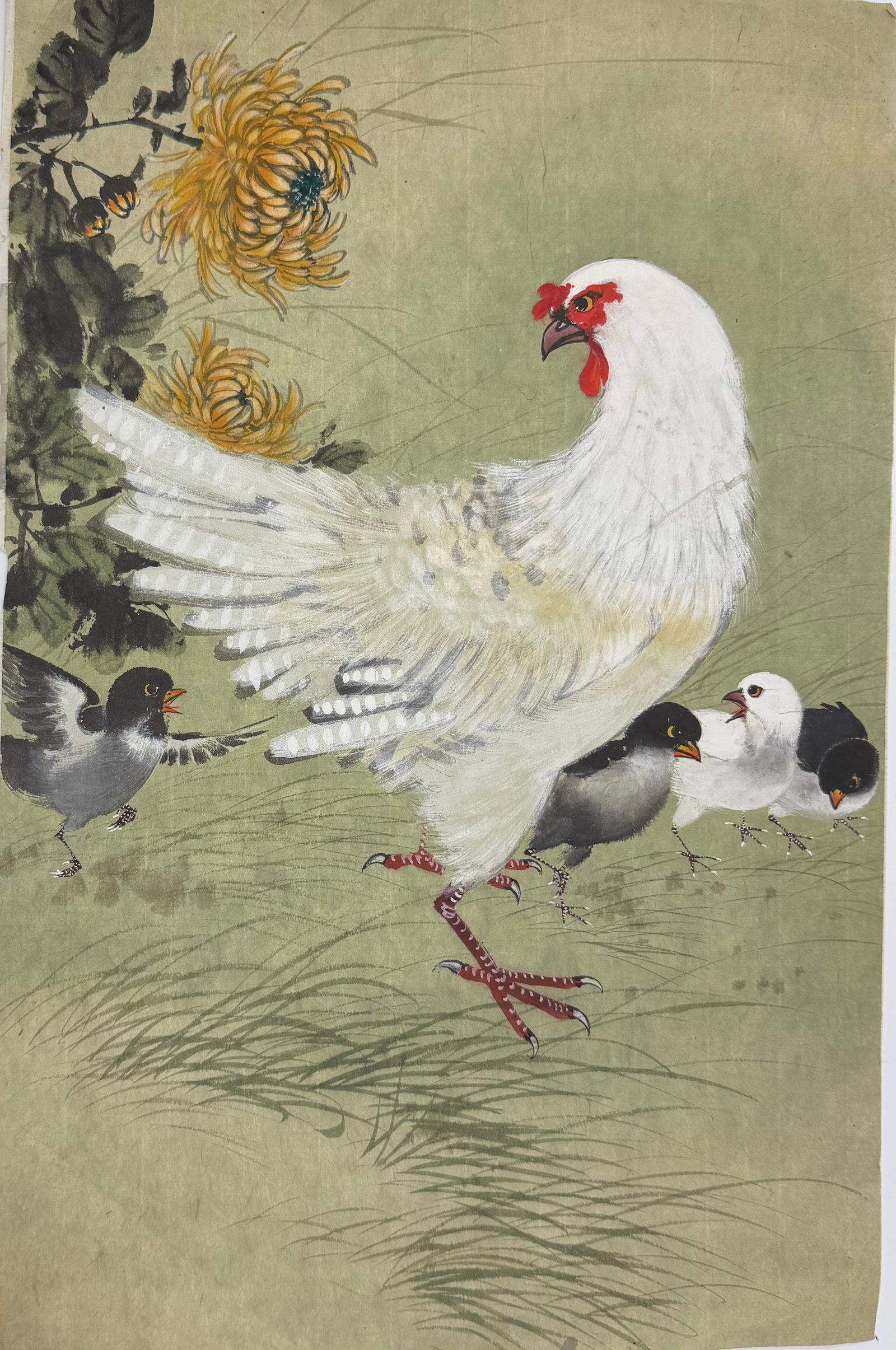 Chinese School Ink and Color Painting of Hen with Chicks: Charming Chinese-style ink and color painting on paper depicting a white hen surrounded by four chicks beneath flowering chrysanthemums. Executed with expressive brushwork in black ink, white, yellow,