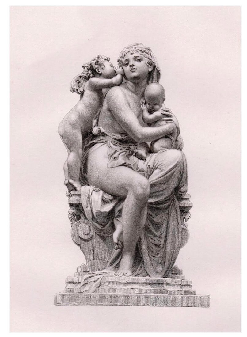 Albert-Ernest Carrier-Belleuse ?Between Two Loves? Engraving, 1869: Antique engraving titled Entre Deux Amours (?Between Two Loves?), depicting a seated mother embracing two children. Engraved after the sculptural work by French artist Albert-Ernest Carrier-Belleuse (