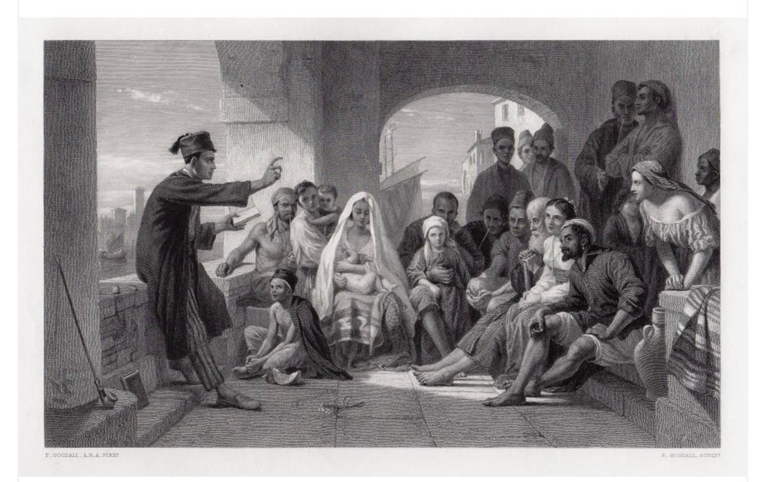 Frederick Goodall ?Felice Ballarin Reciting Tasso? Steel Engraving, 1863: Antique steel engraving on wove paper after the original work by English artist Frederick Goodall (1822?1904), engraved by Edward Angelo Goodall (1819?1908). Titled Felice Ballarin Reciting Tasso to t