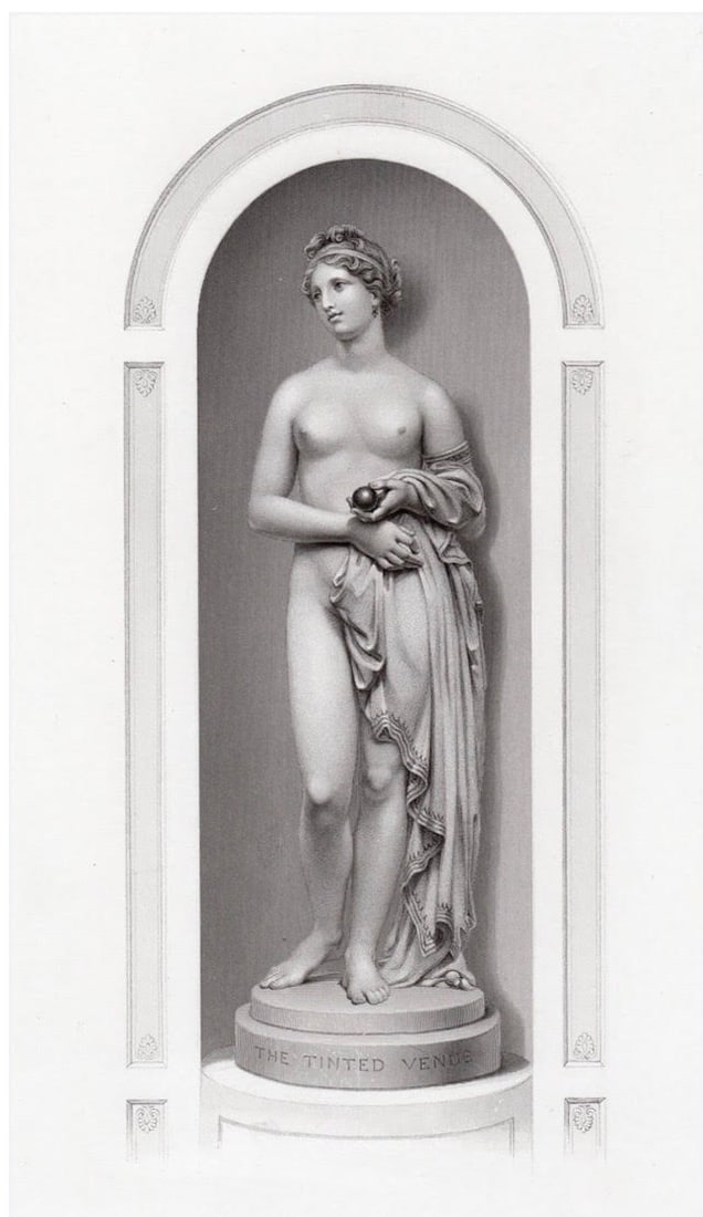 John Gibson 'The Tinted Venus' Antique Engraving, 1865: Antique engraving on wove paper depicting The Tinted Venus, after the original sculpture by Welsh sculptor John Gibson (1790-1866). Engraved by British master engraver William Callio Roffe (1817 c. 18