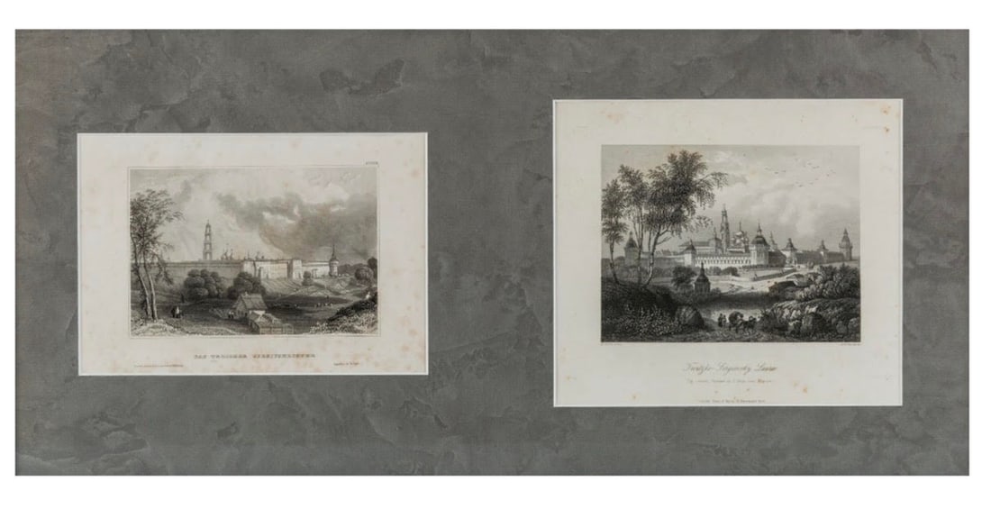 Pair of 19th Century Engravings of the Trinity Sergius Lavra, Russia: Pair of antique engraved views depicting the Trinity Lavra of St. Sergius (Troitse-Sergiyeva Lavra) near Moscow. One titled in German 'Das Troitzker Sergiuskloster,' and the other titled Troitzki-Serg