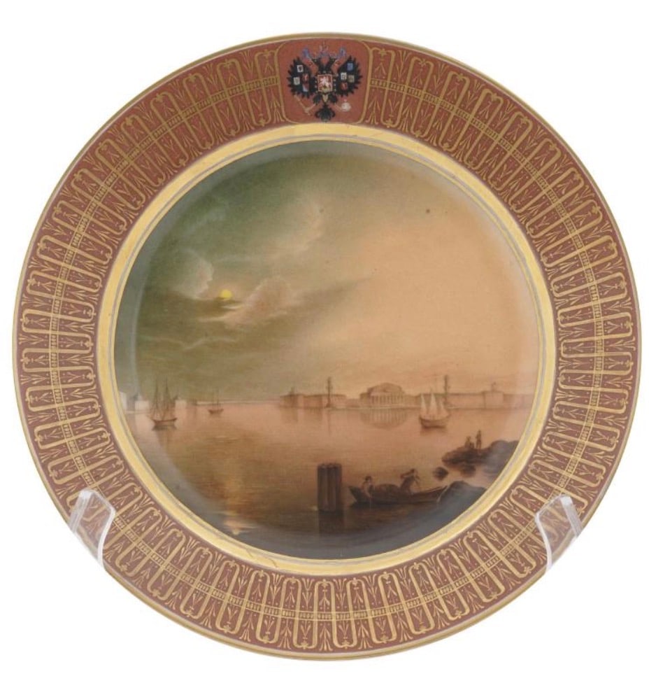 Russian Imperial Porcelain Topographical Scenic Plate, St. Petersburg: Russian porcelain topographical plate attributed to the Imperial Porcelain Factory, St. Petersburg, dated 1900 during the reign of Nicholas II. The center is finely painted with a view across the Neva