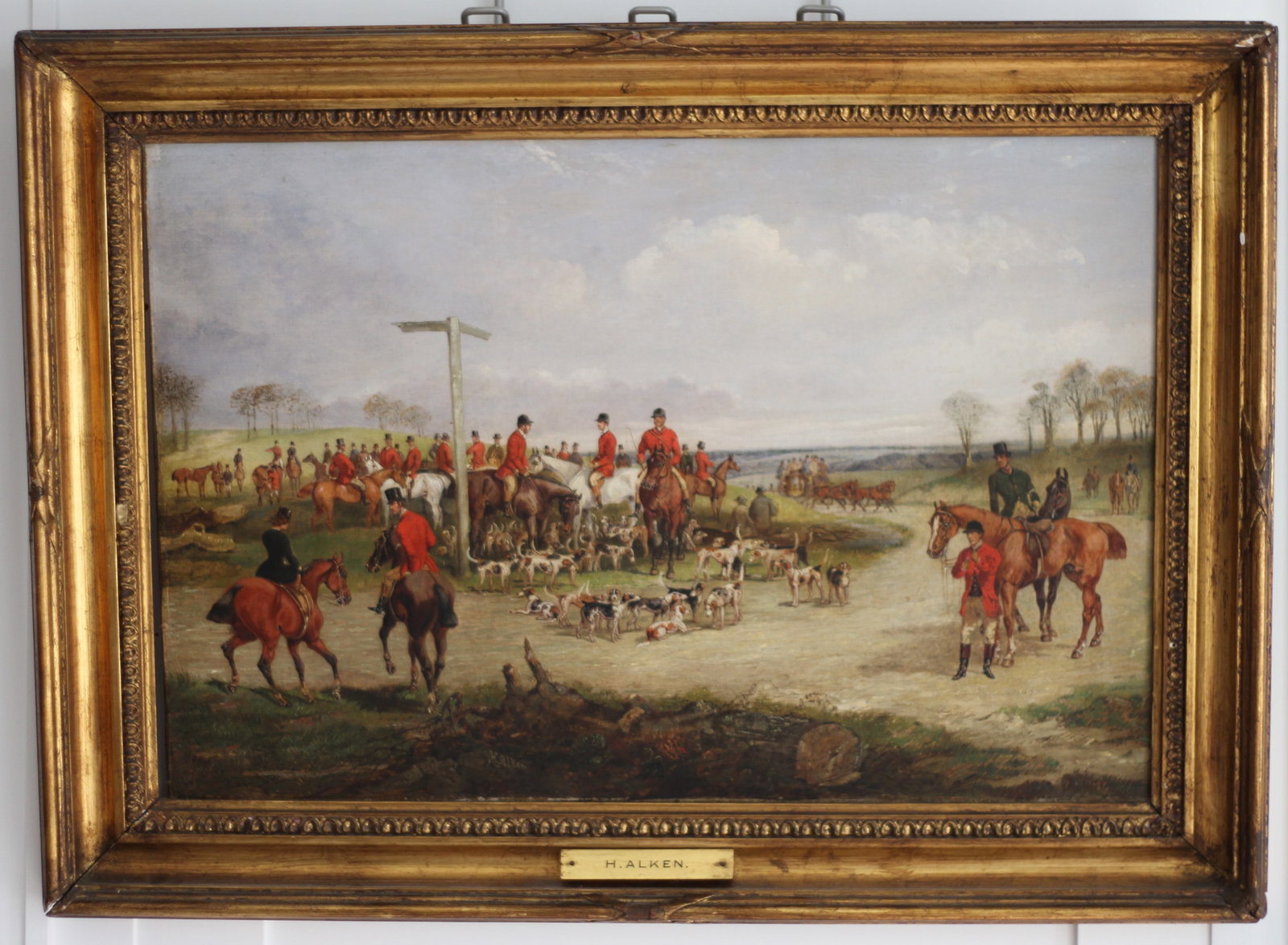 Henry Thomas Alken (British, 1785 - 1851) Gathering for the Hunt, Oil on Canvas: Henry Thomas Alken (British, 1785-1851), English fox hunting scene depicting mounted huntsmen in red coats gathered with an extensive pack of hounds in an open countryside landscape. Oil on canvas, si