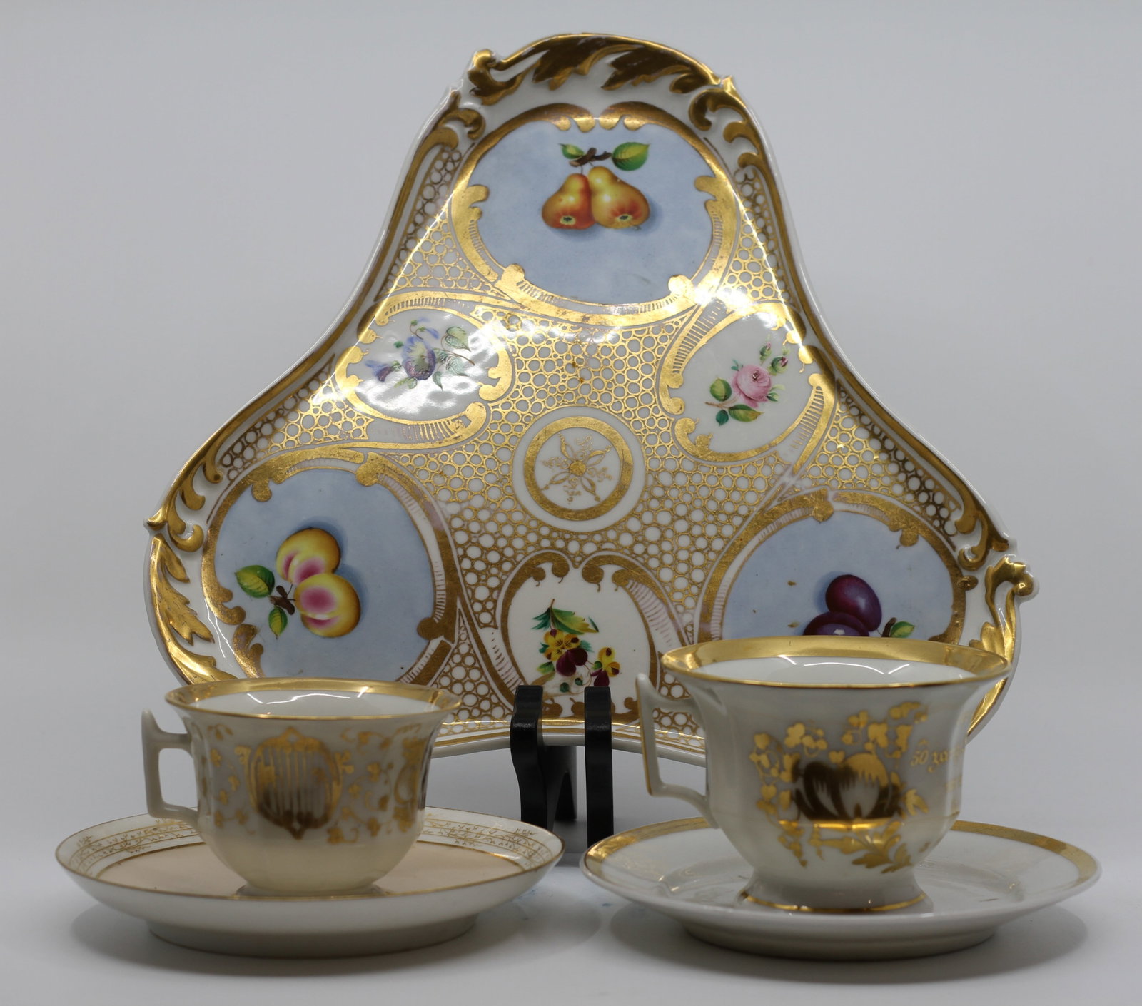 Giesshuebl Porcelain Serving Tray with Two Gilt Cups and Saucers (1 of 6)
