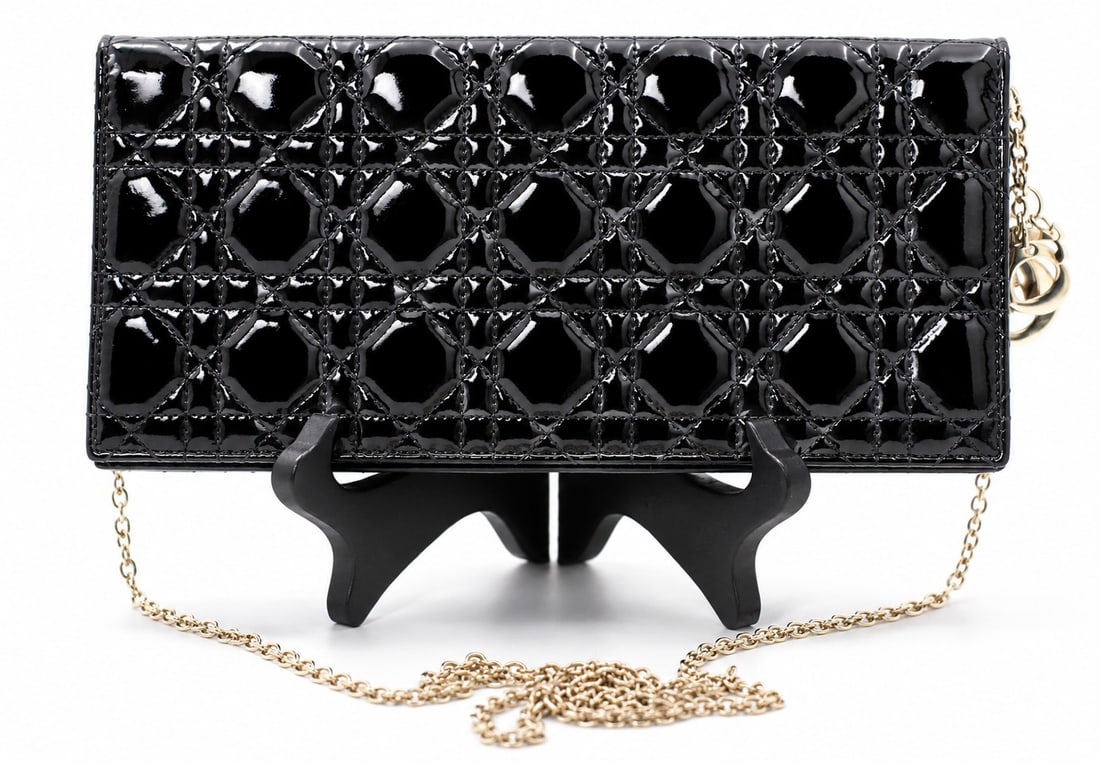 Christian Dior Black Cannage Patent Leather Wallet on Chain Evening Clutch (1 of 5)