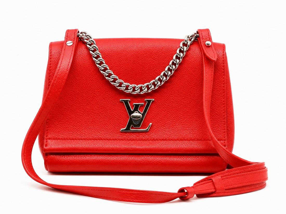 Louis Vuitton Twist MM Red Grained Leather Chain Shoulder Bag: Louis Vuitton Twist MM shoulder bag crafted in vivid red grained leather with polished silver-tone hardware. The structured flap-front silhouette features the sculptural rotating LV Twist lock, a subs